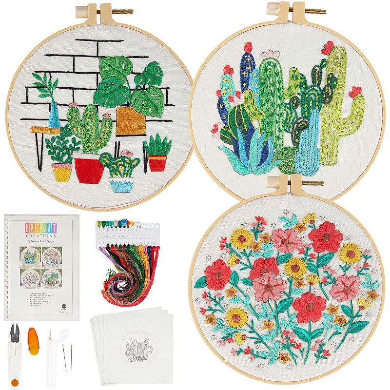Bright Creations 14 Pieces Hand Embroidery Kit, Yarn, 4 Floral Patterns, Hoops, Needles, Scissors, Arts and Crafts