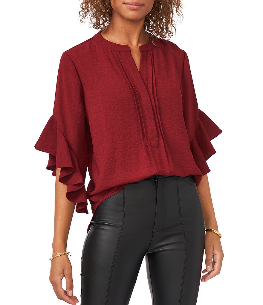 Vince Camuto Ruffled Short Elbow Flutter Sleeve V-Neck Matte Rumple Henley Blouse