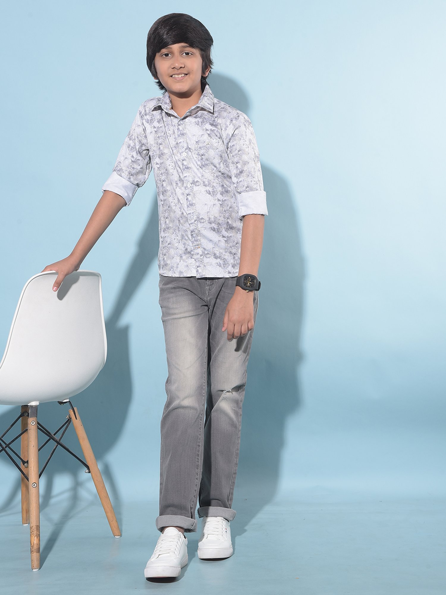 Crimsoune Club Kids Grey & White Printed Full Sleeves Shirt