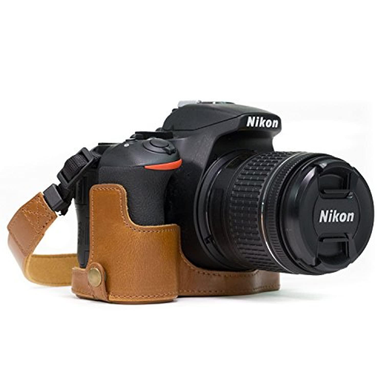 Megagear Nikon D5600, D5500 Ever Ready Leather camera Half case and Strap, with Battery Access - Light Brown - Mg1172