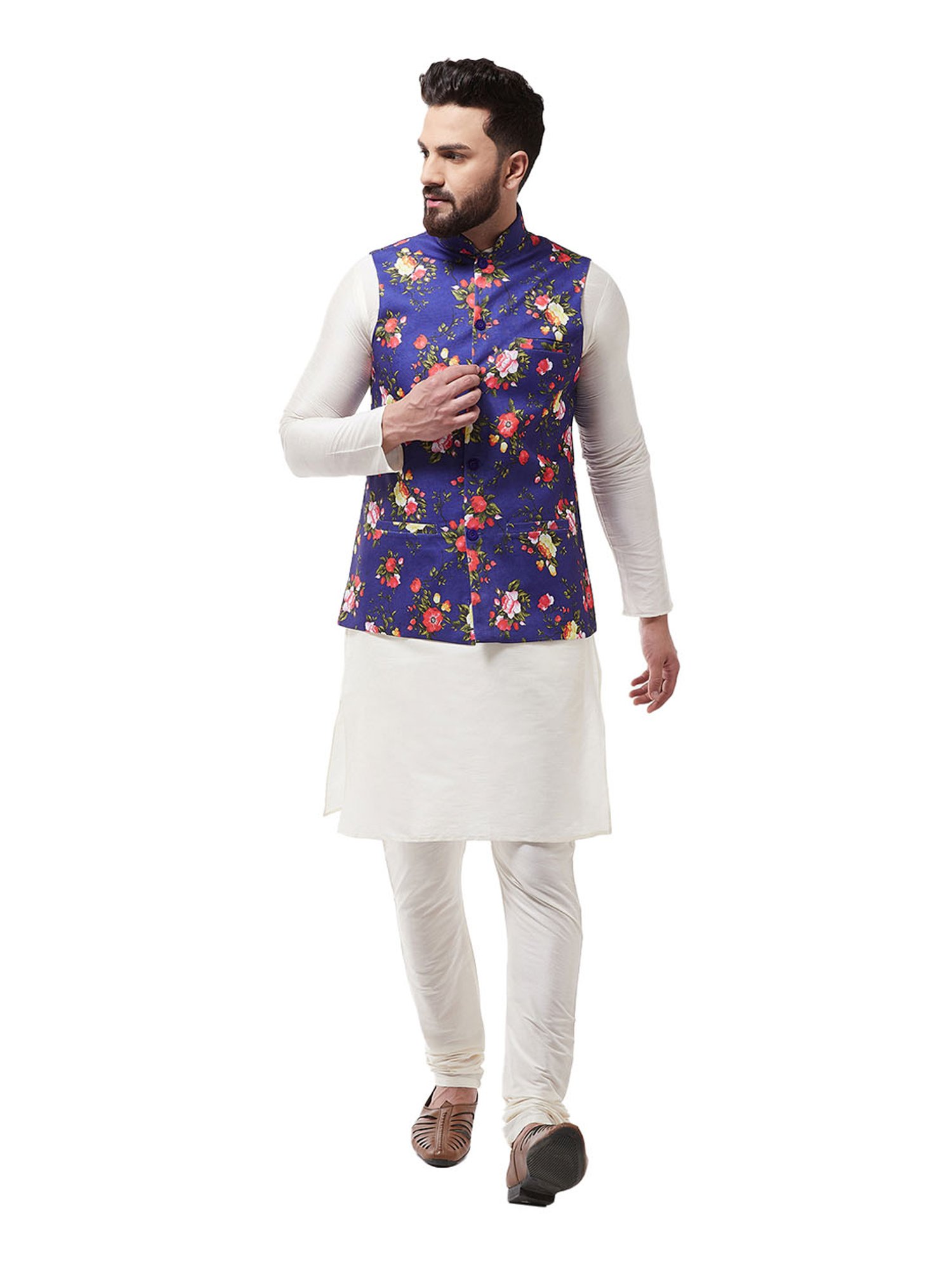 Sojanya Off White & Royal Blue Floral Print Suit