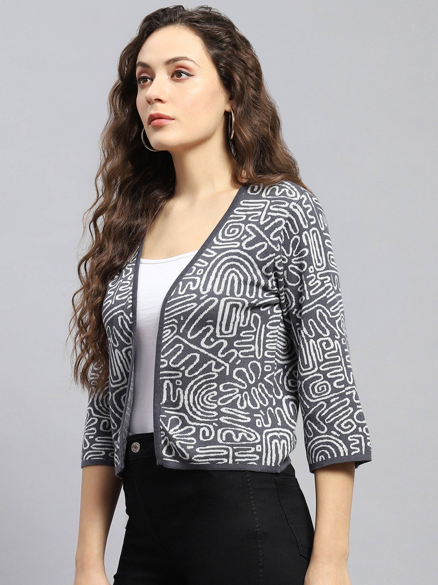 Monte Carlo White & Black Cotton Printed Shrug