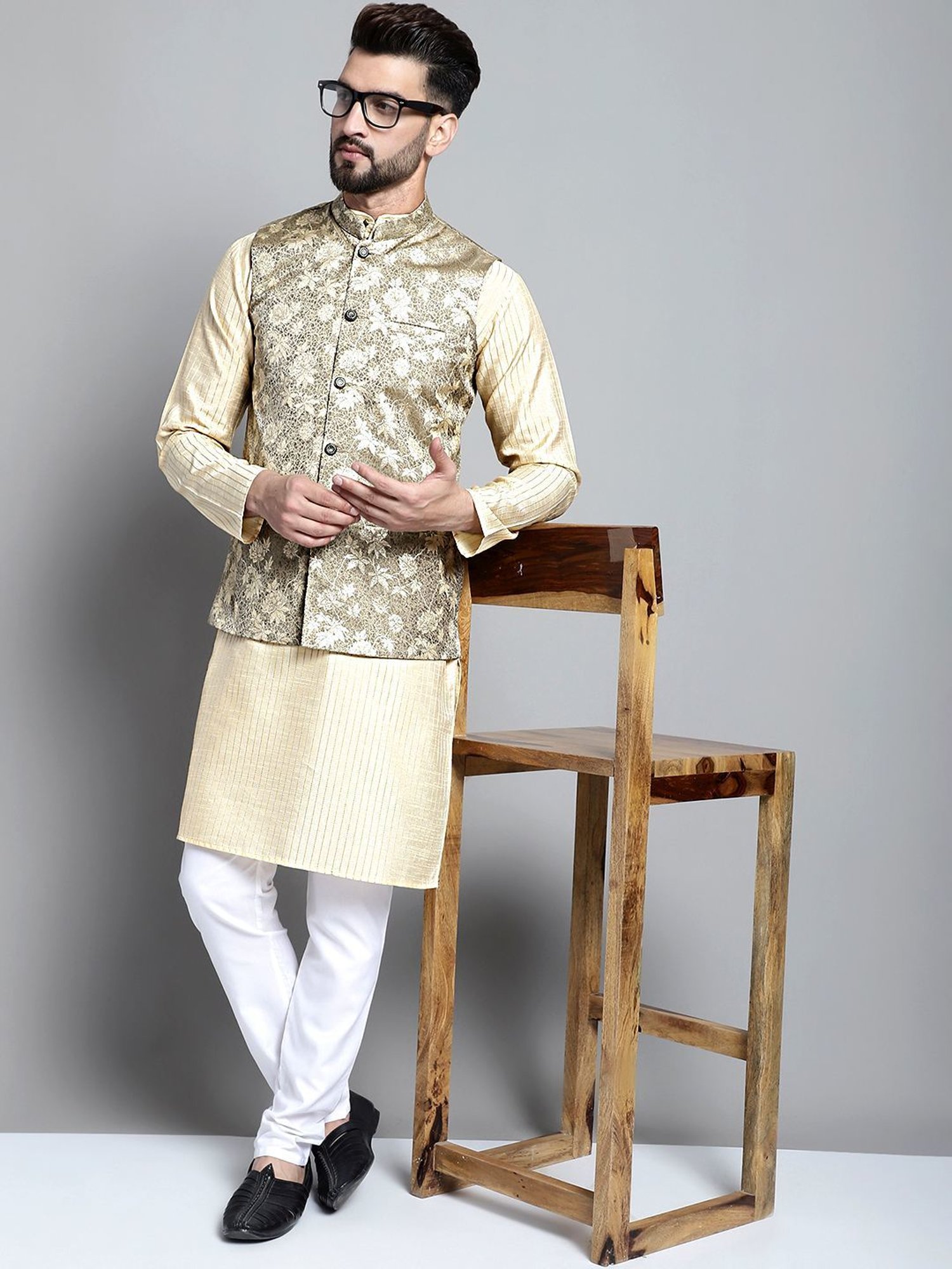 Jompers Beige Regular Fit Printed Nehru Jacket