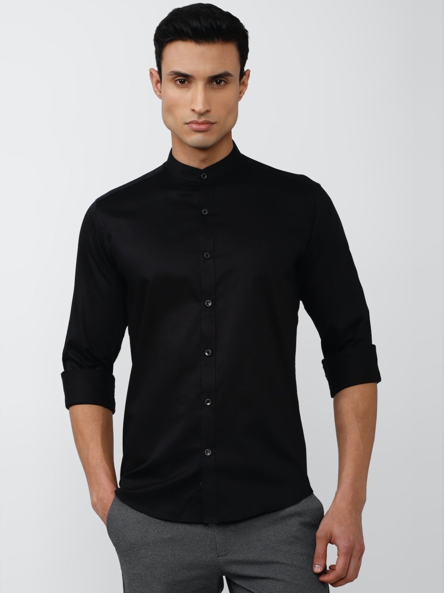 V Dot Black Cotton Slim Fit Shirt