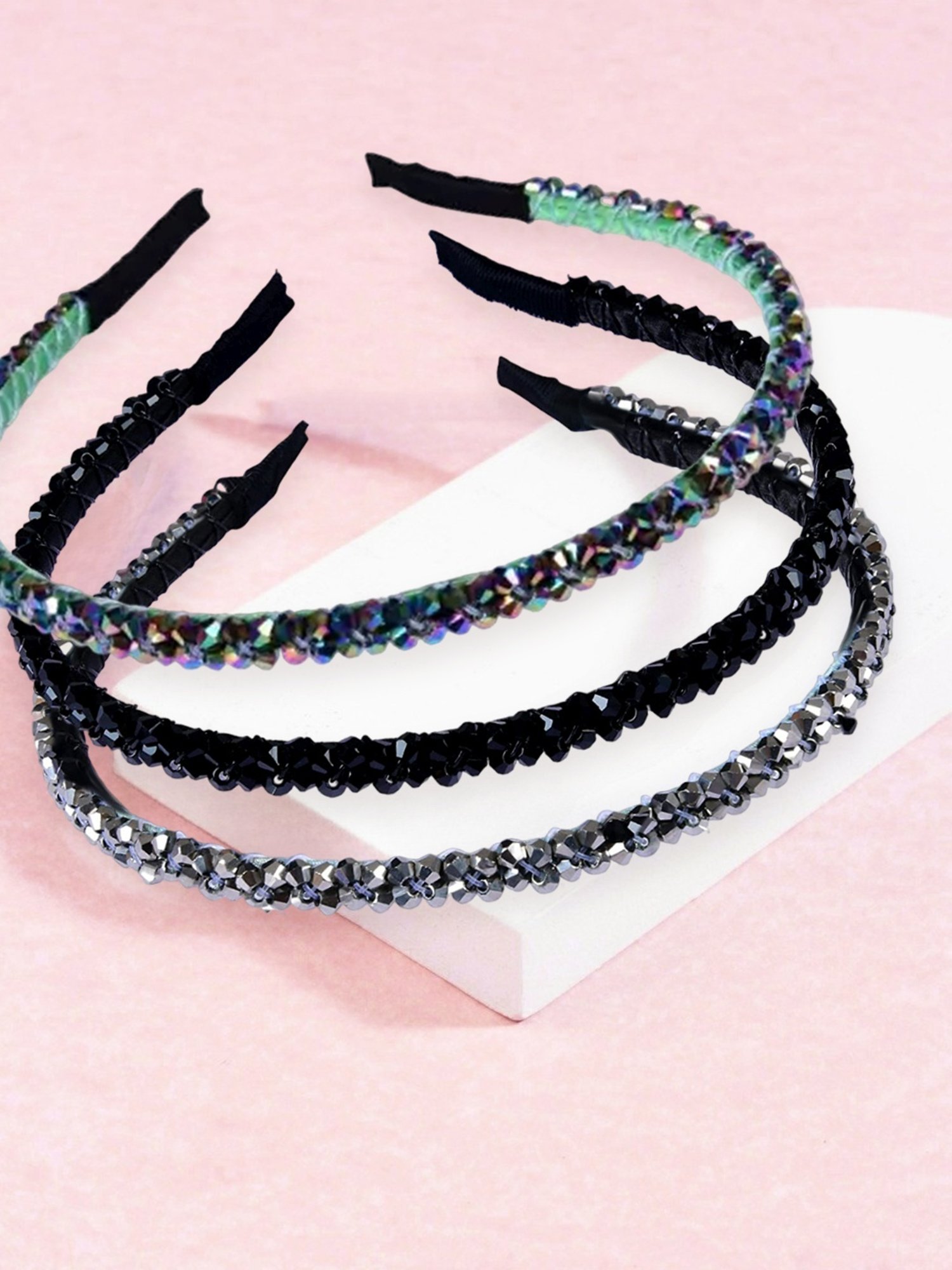OOMPH Black, Silver Metallic Multicolor Shimmer Crystal Studded Thin Hair Band - Combo of 3