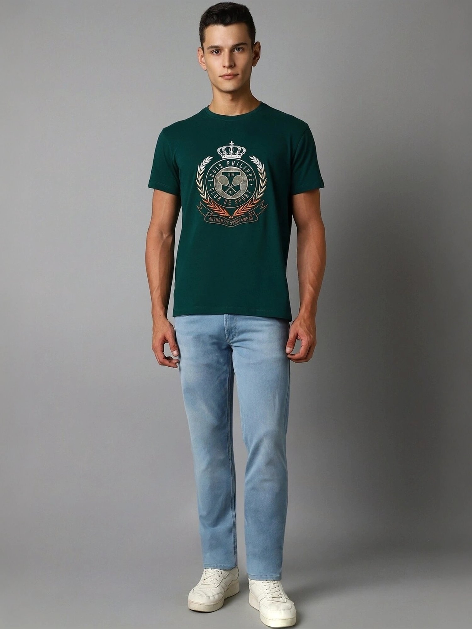 Louis Philippe Green Cotton Slim Fit Printed T-Shirt