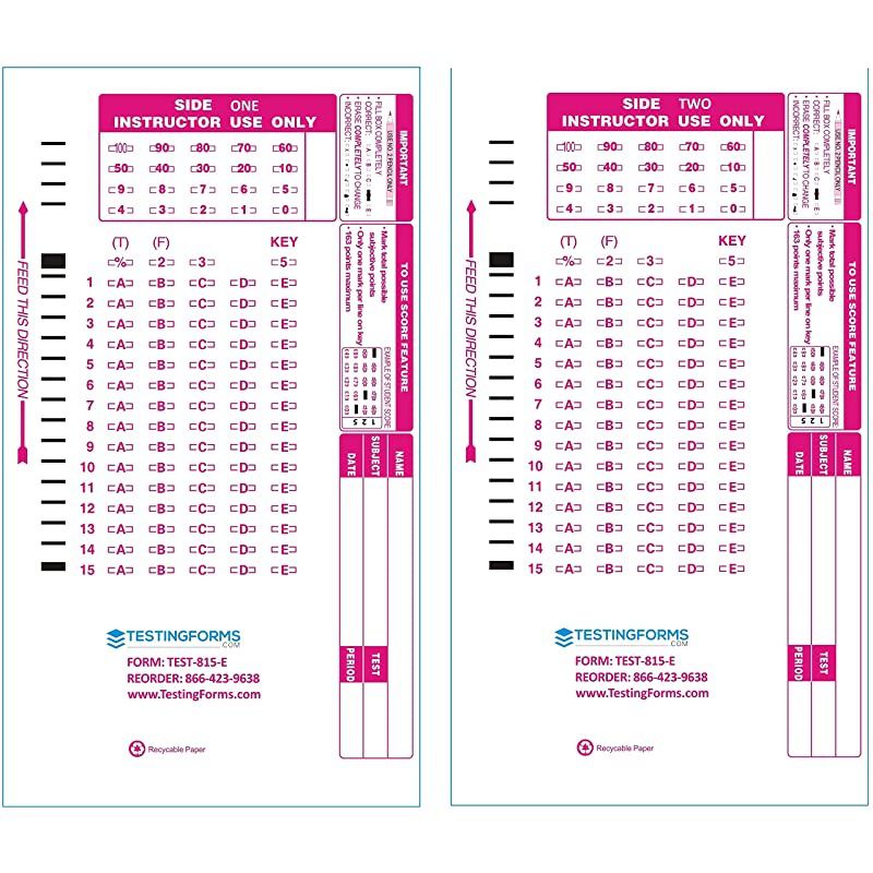 815 E 15 Question Compatible Testing Forms 100 Sheet Pack