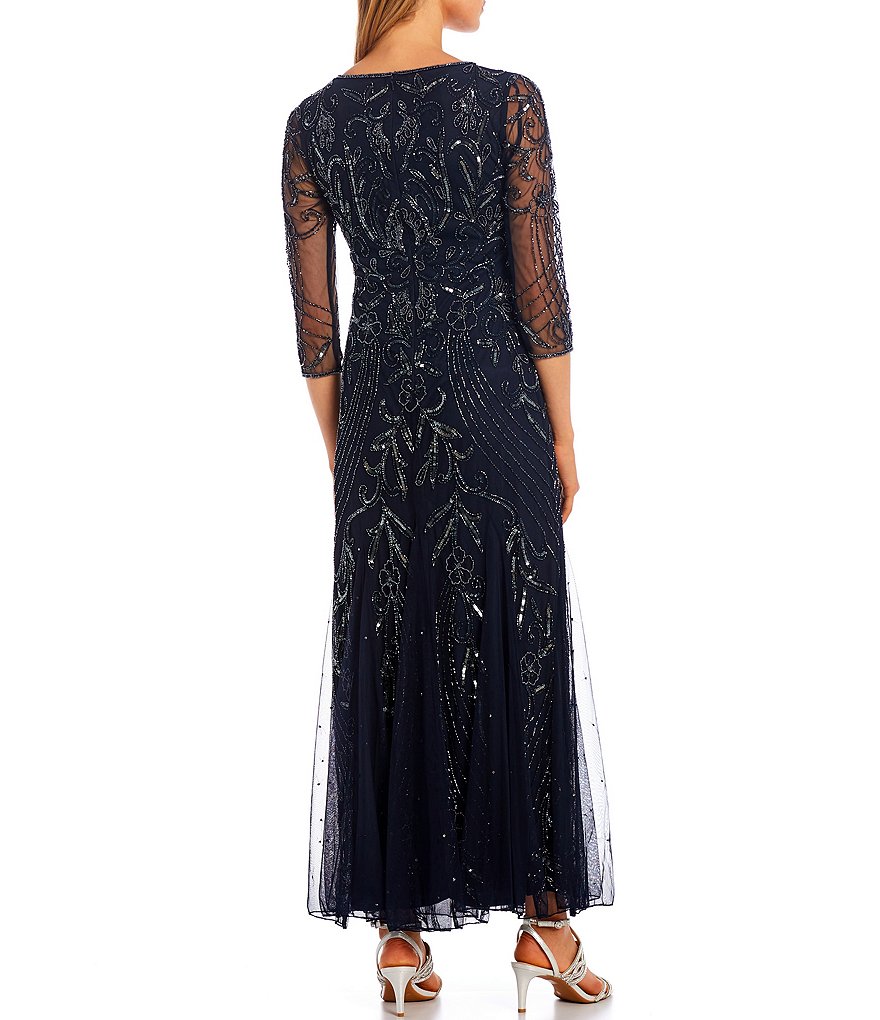 Pisarro Nights 3/4 Sleeve Jewel Neck Long Mesh Beaded Gown With Godets