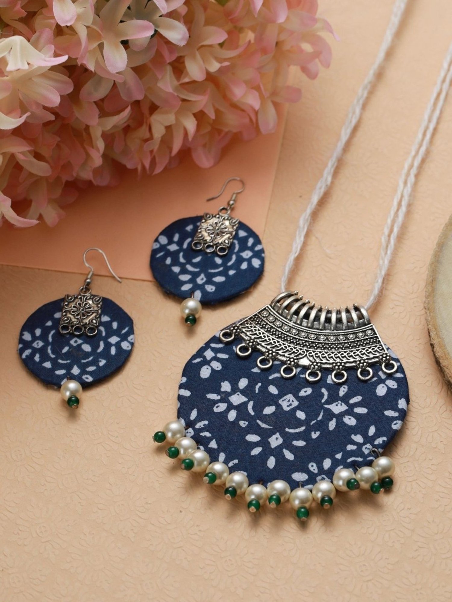 Aatmana Blue & White Fabric Material & Silver Work Necklace Set