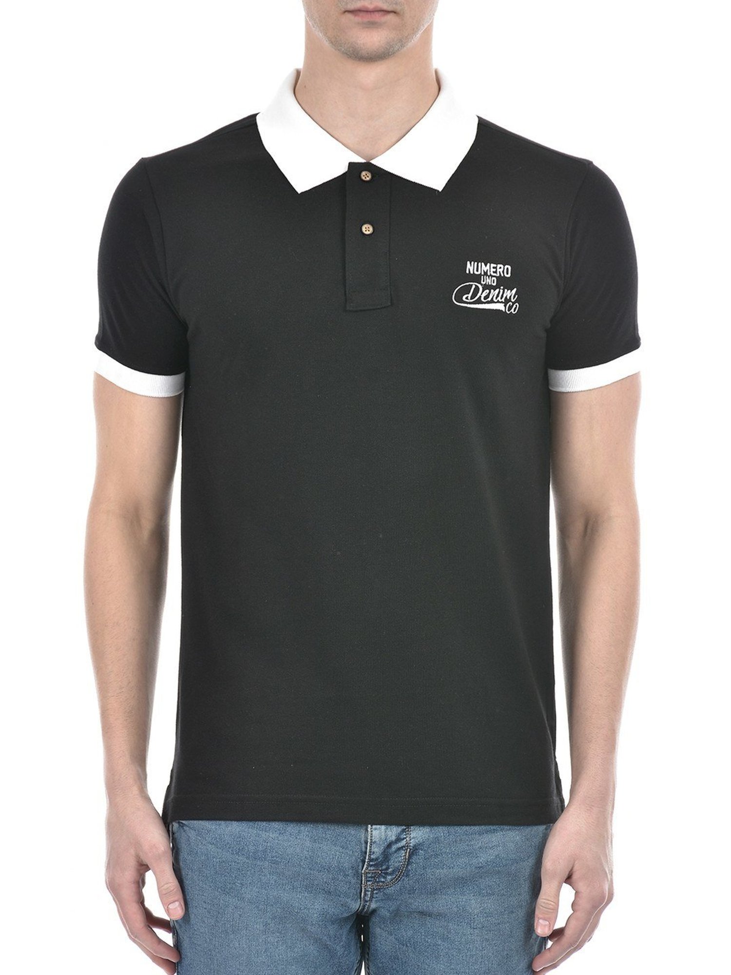 Numero Uno Black Cotton Slim Fit Polo T-Shirt