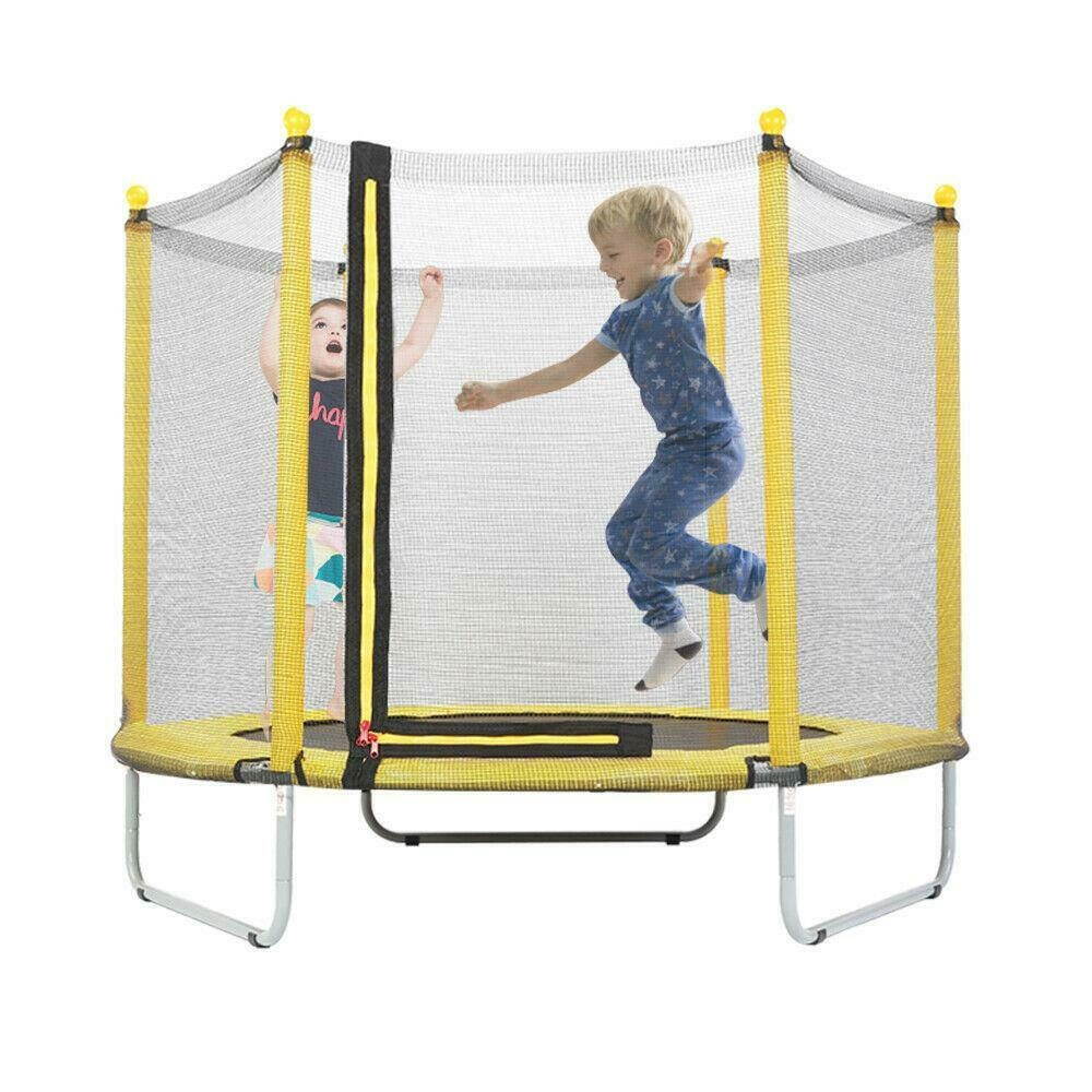 60" Round Children Trampoline with Safety Net Enclosure Fitness Toy Yellow New