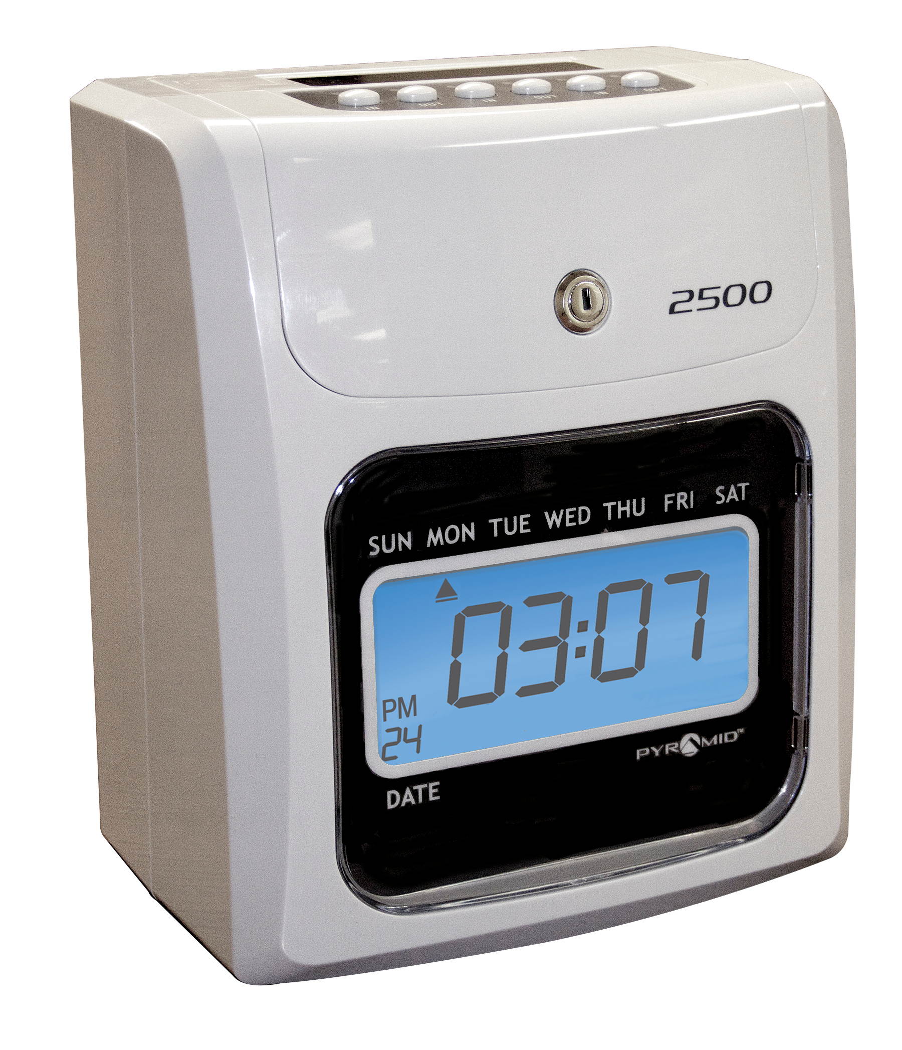 Pyramid Time Systems 2500K1 Bundle, Includes Model 2500 Auto Aligning and Top Loading Time Clock, 100 time Cards, Two Ink Ribbon cartridges, one 10 Slot time Card Rack and Two Security Keys