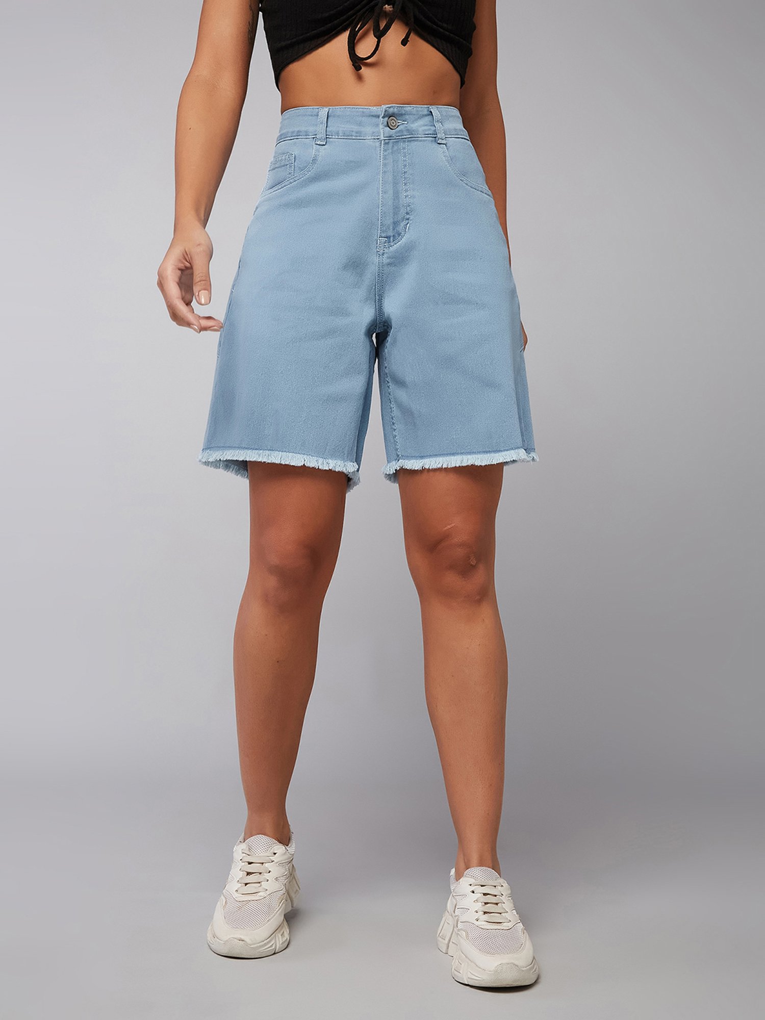 DOLCE CRUDO Light Blue Denim Regular Fit High Rise Shorts