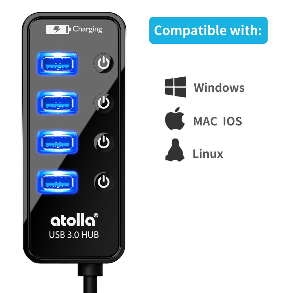Atolla USB 3.0 Hub, 4 Ports Super Speed USB 3 Hub Splitter, 1 USB Charging Port , On Off Switch,No AC Adapter,Portable Hub