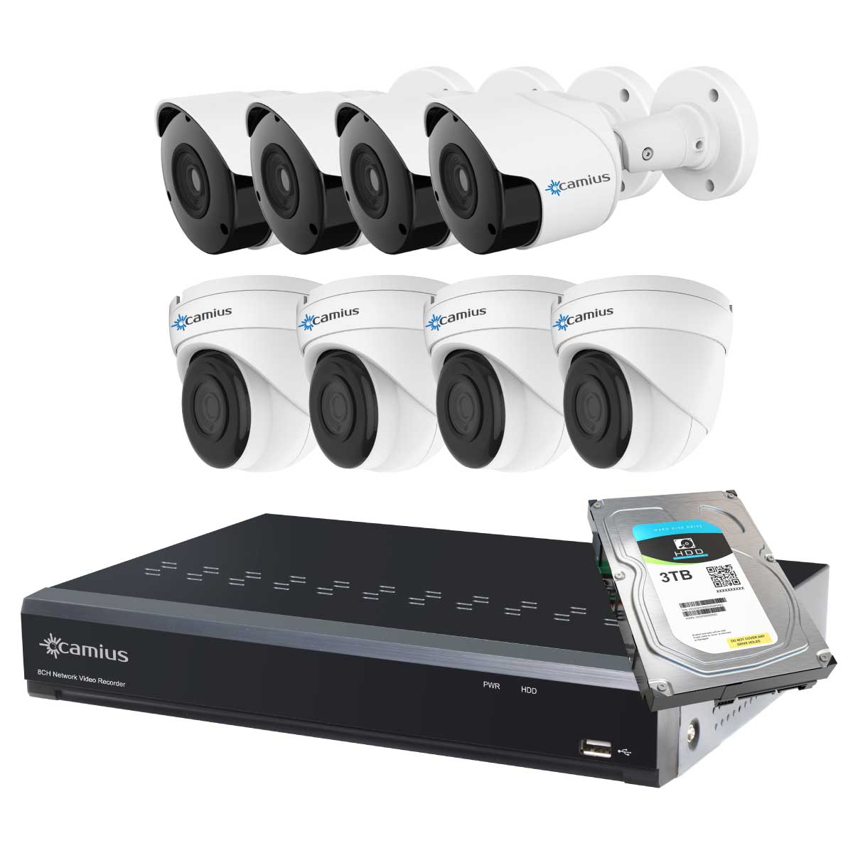 Camius 4K 8 Channel PoE NVR System with 3TB HDD, 8 Wired 5MP IP PoE Bullet & Dome Security Cameras, wide view, indoor-outdoor IP66, Night vision, 24-7 recording - 8P4B4I3T