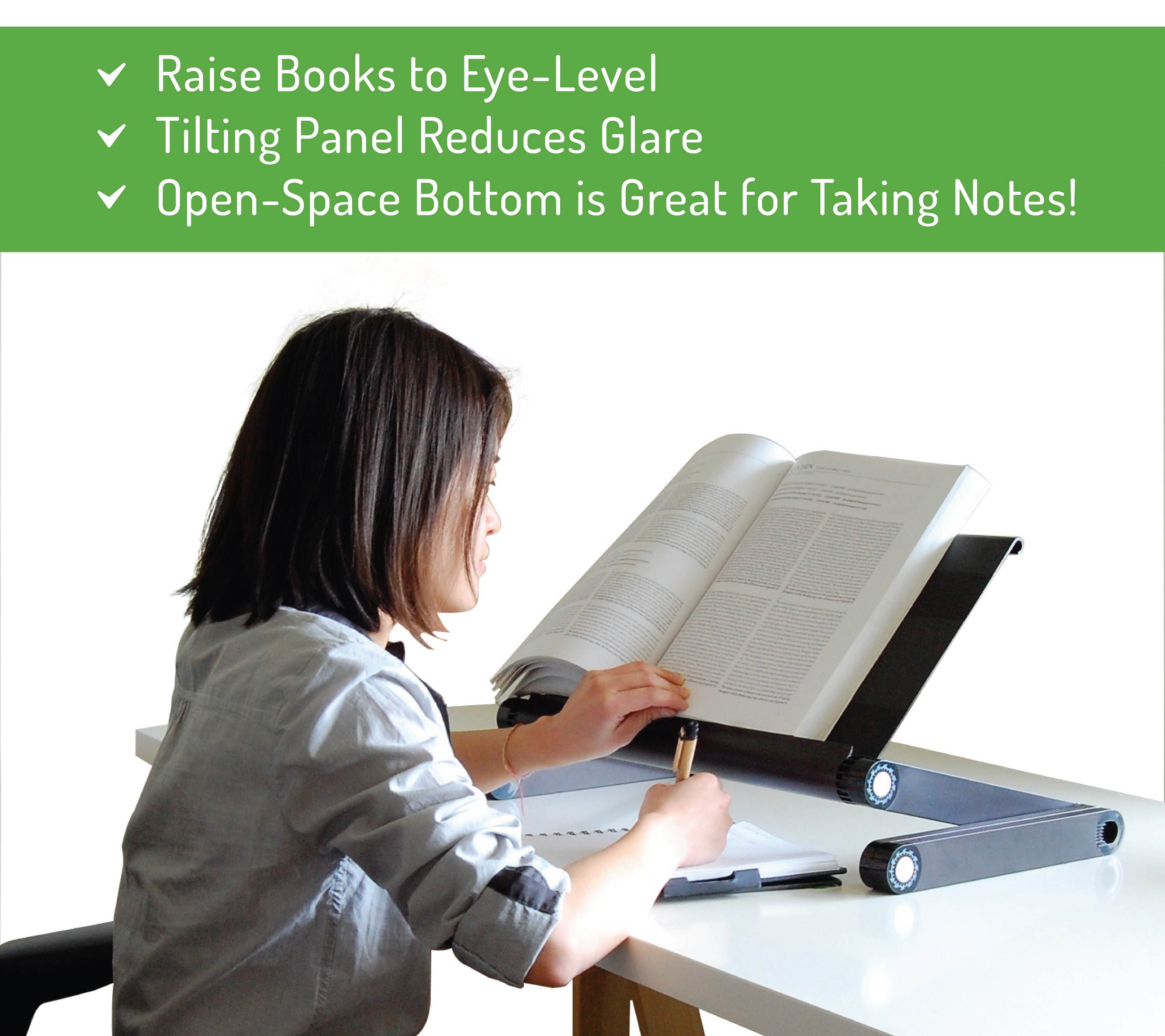 Adjustable Height and Angle Ergonomic Book Holder reading textbook stand for big heavy books studying in bed couch sitting standing at a desk tablet document laptop durable lightweight aluminum,Silver