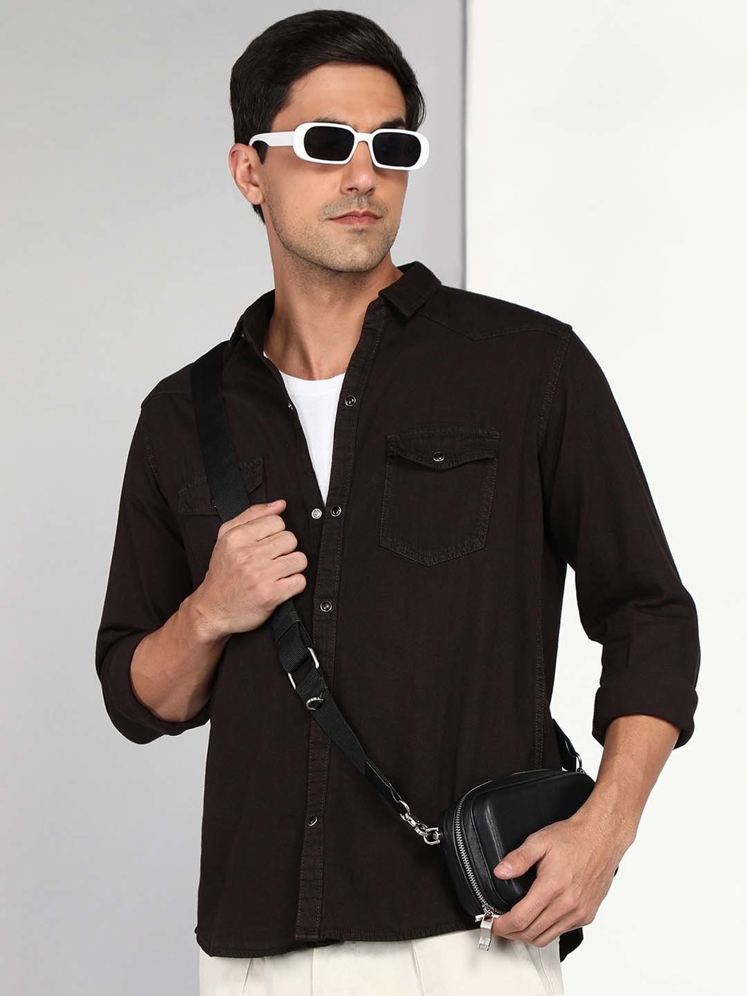 Kuons Avenue Dark Brown Slim Fit Denim Shirt