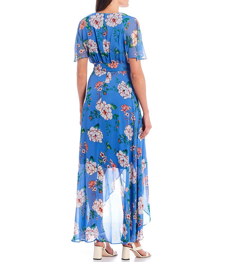 Jessica Howard Butterfly Sleeve Floral Printed Hi-Low Midi Wrap Dress