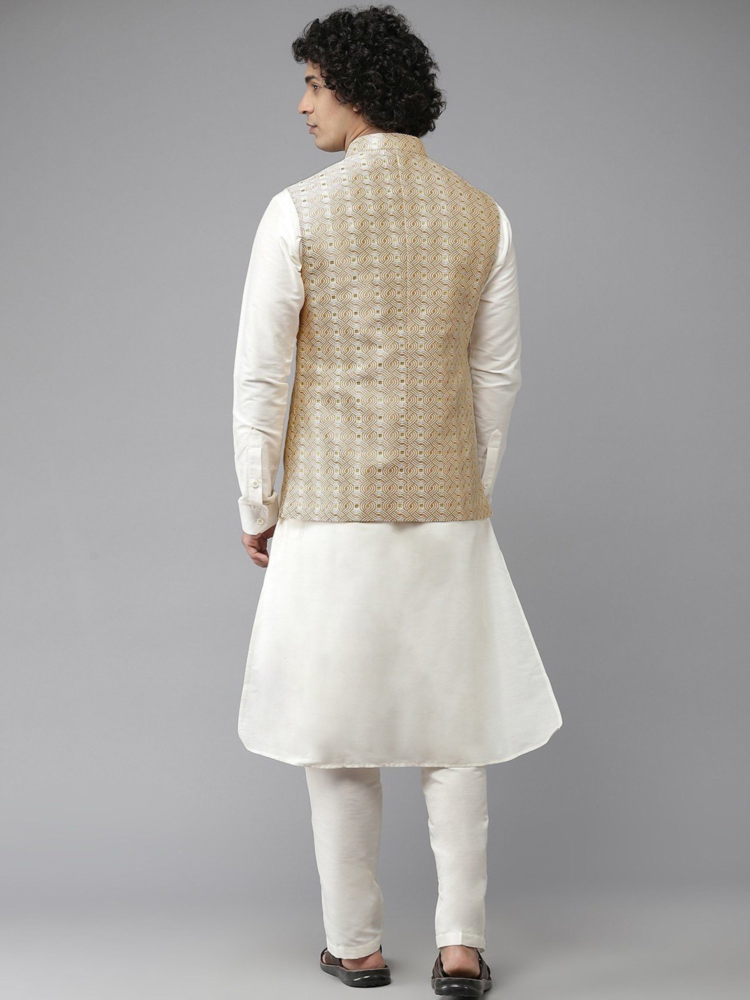 See Designs Gold Regular Fit Self Pattern Nehru Jacket