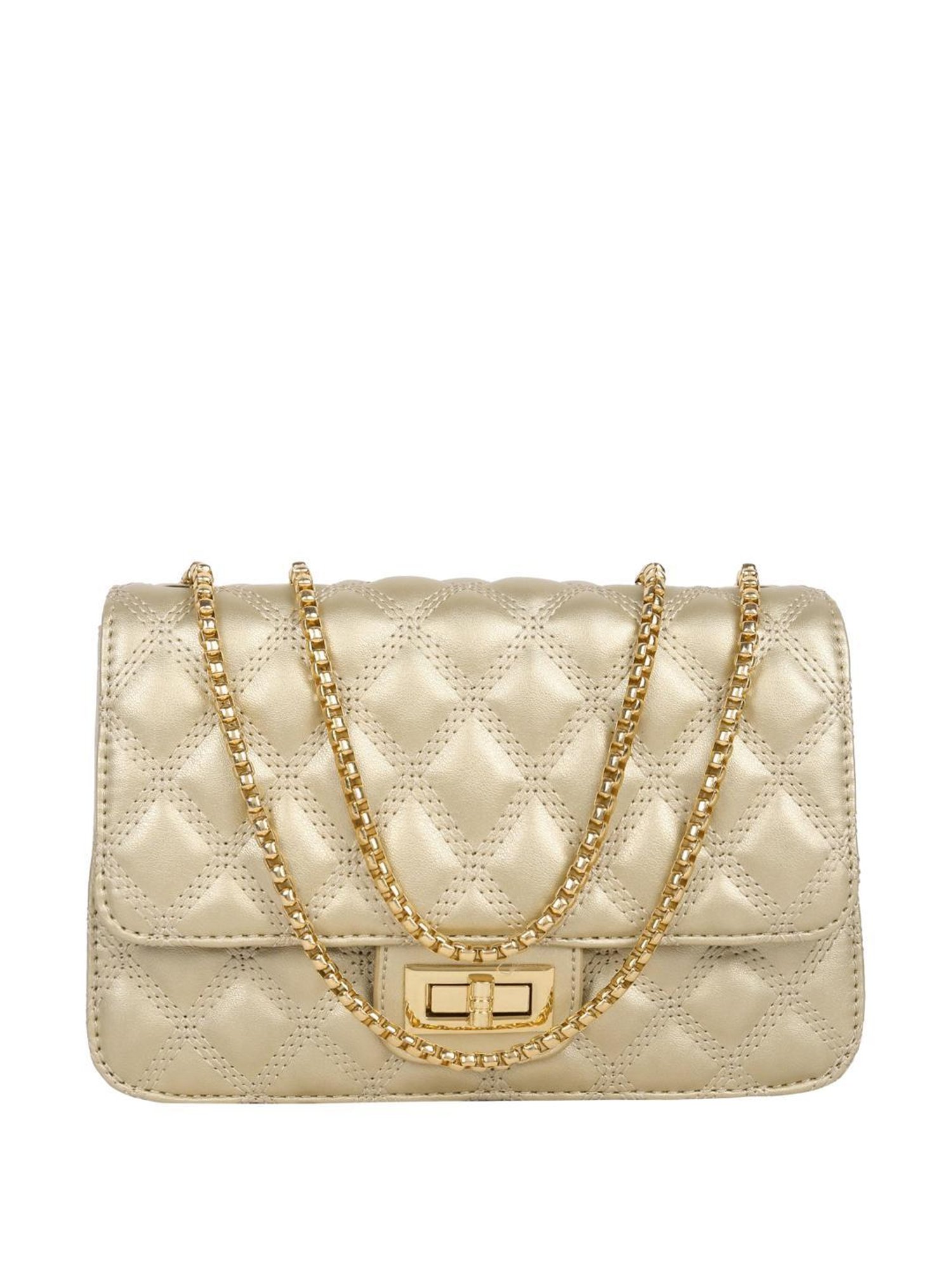 Lino Perros Golden Synthetic Quilted Sling Handbag