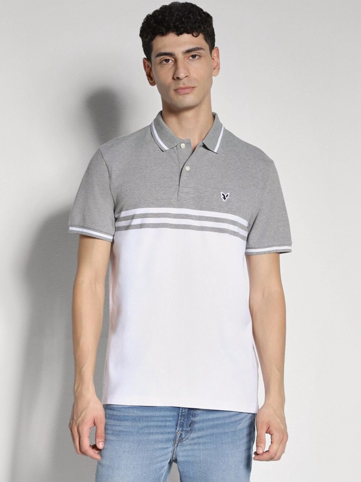 American Eagle White & Grey Cotton Regular Fit Printed T-Shirt