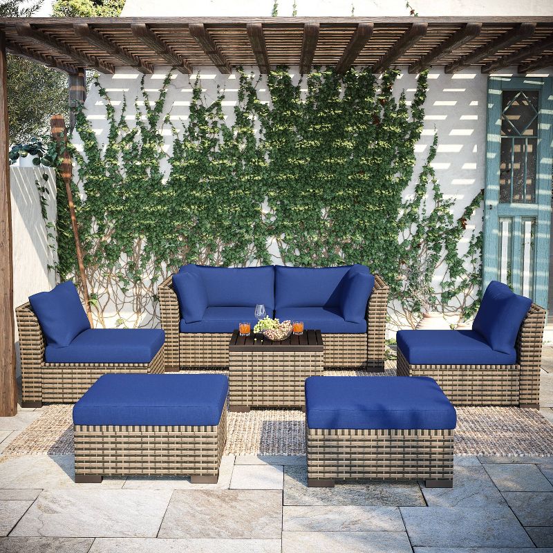 Nolin 7pc Sectional Weathered Brown Frame Sunbrella Spectrum Denim Fabric - La-Z-Boy