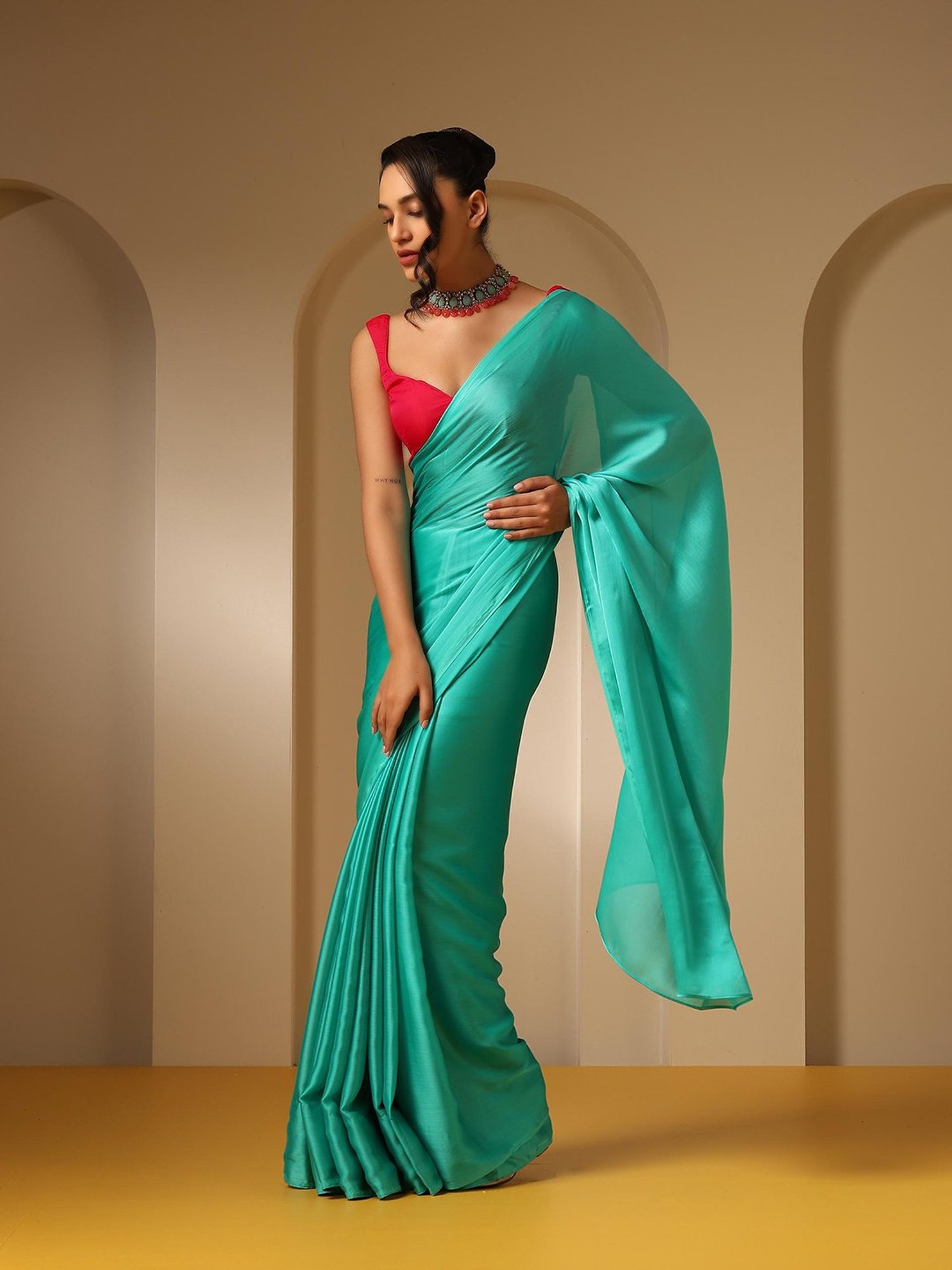 Swtantra Turquoise Chiffon Saree With Fuchsia Unstitched Blouse