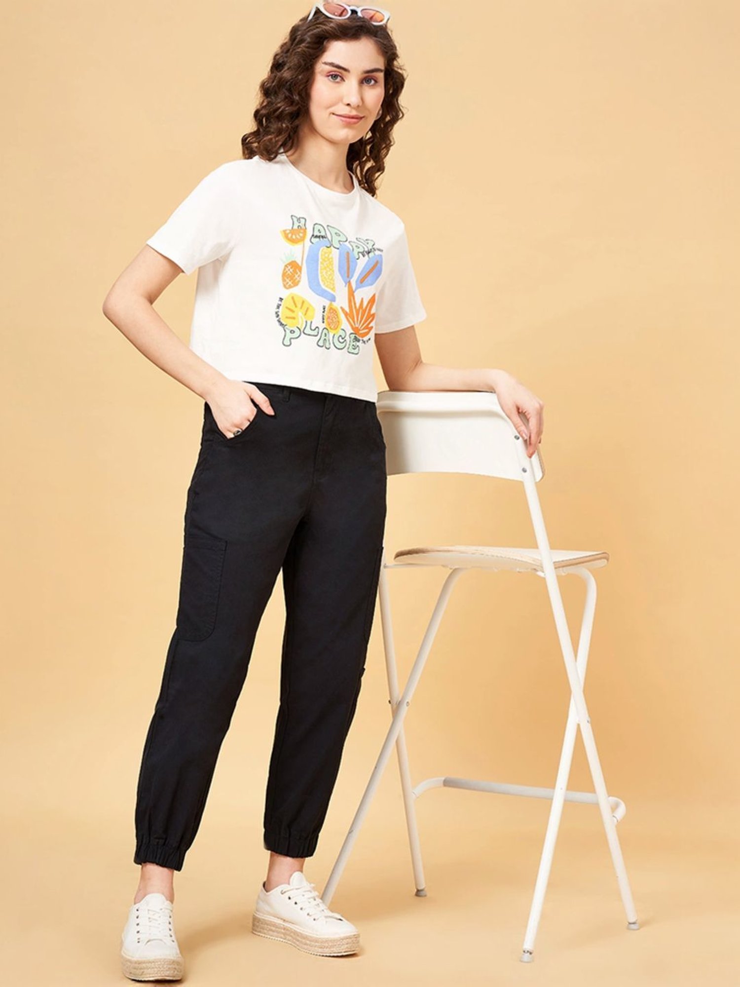 People by Pantaloons White Cotton Printed T-Shirt