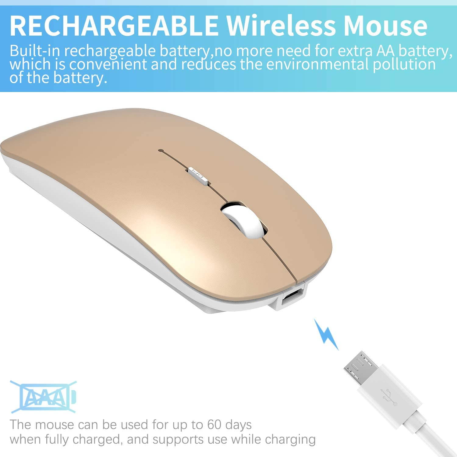 2.4GHz Wireless Bluetooth Mouse, 3 Adjustable DPI, Dual Mode Slim Rechargeable Wireless Mouse Silent USB Mice,Compatible for Laptop Windows Mac Android MAC PC Computer (Silver)