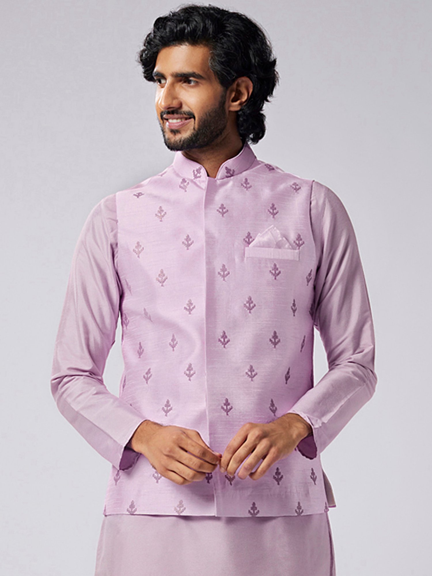 KISAH Lavender Regular Fit Embroidered Nehru Jacket