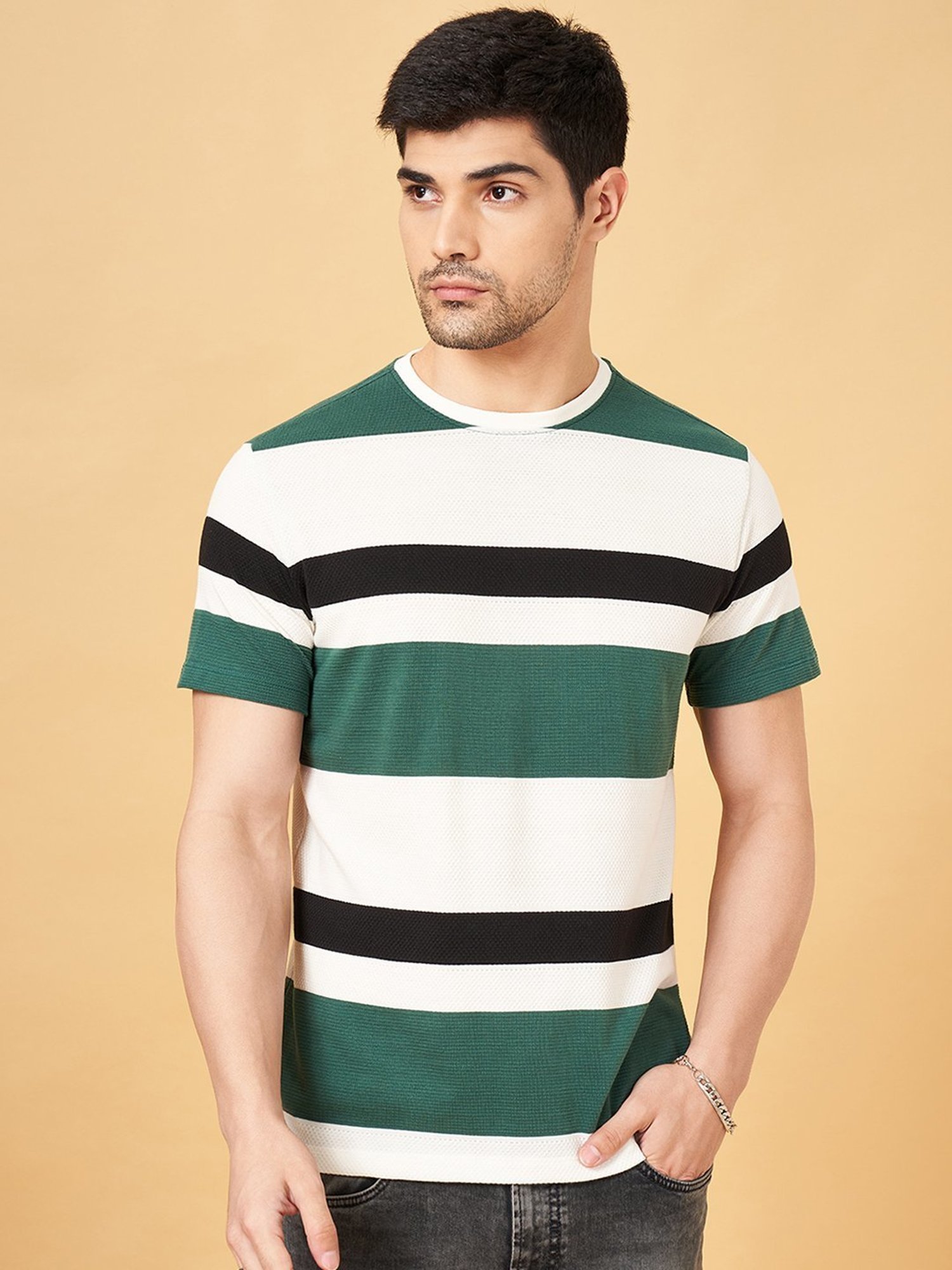 Sf Jeans By Pantaloons Green Slim Fit Striped T-Shirt