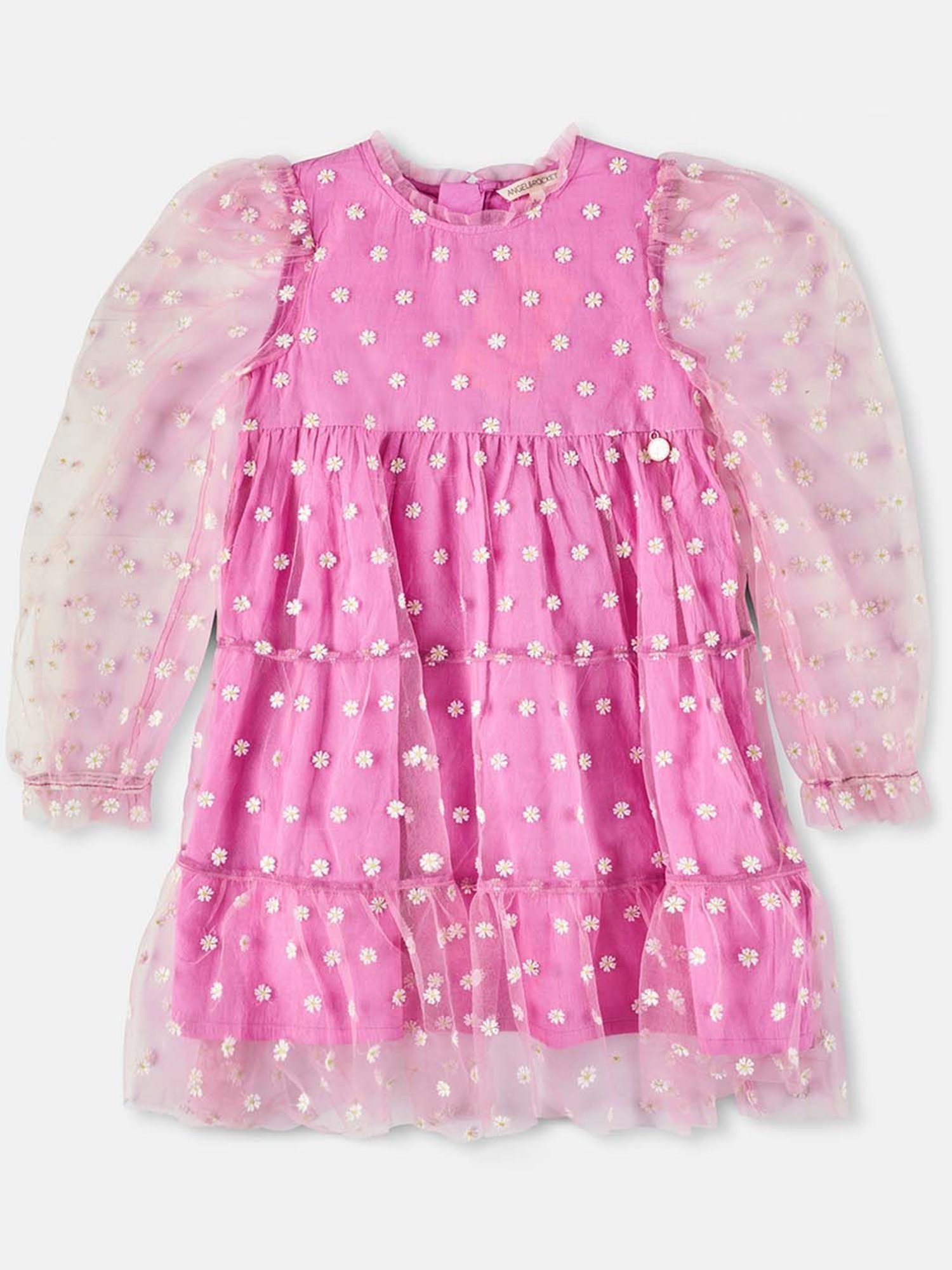 Angel & Rocket Kids Pink Embroidered Full Sleeves Dress