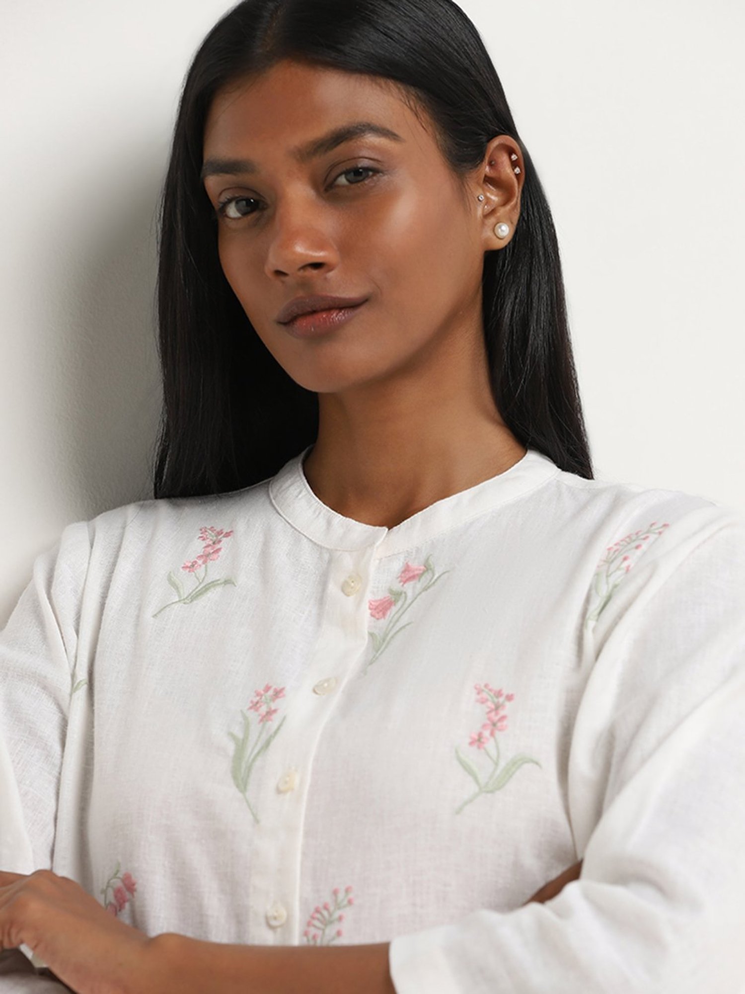 Zuba by Westside White Floral Embroidered A-line Cotton Kurta