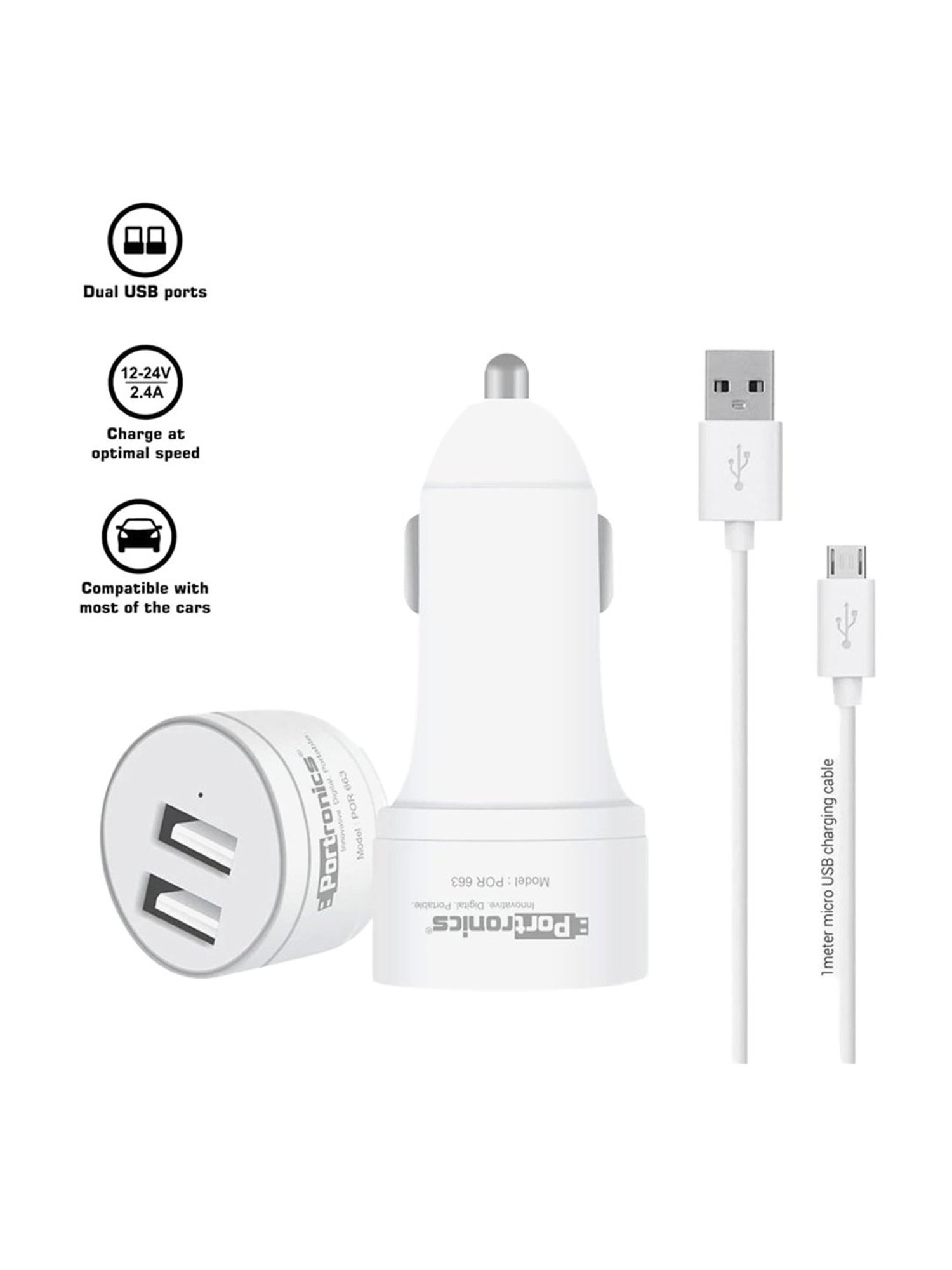 Portronics Car Power 2T 2.4A Car Charger with Dual USB Ports (White)