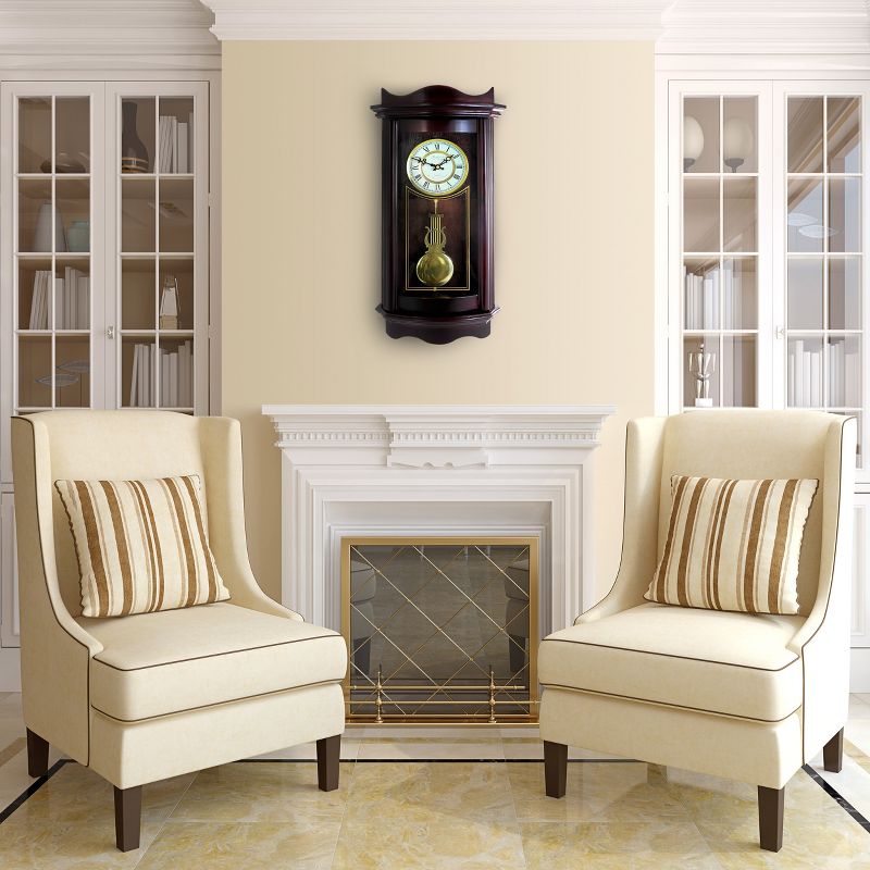 Bedford Clock Collection 25 Inch Chiming Pendulum Wall Clock in Weathered Chocolate Cherry Finish