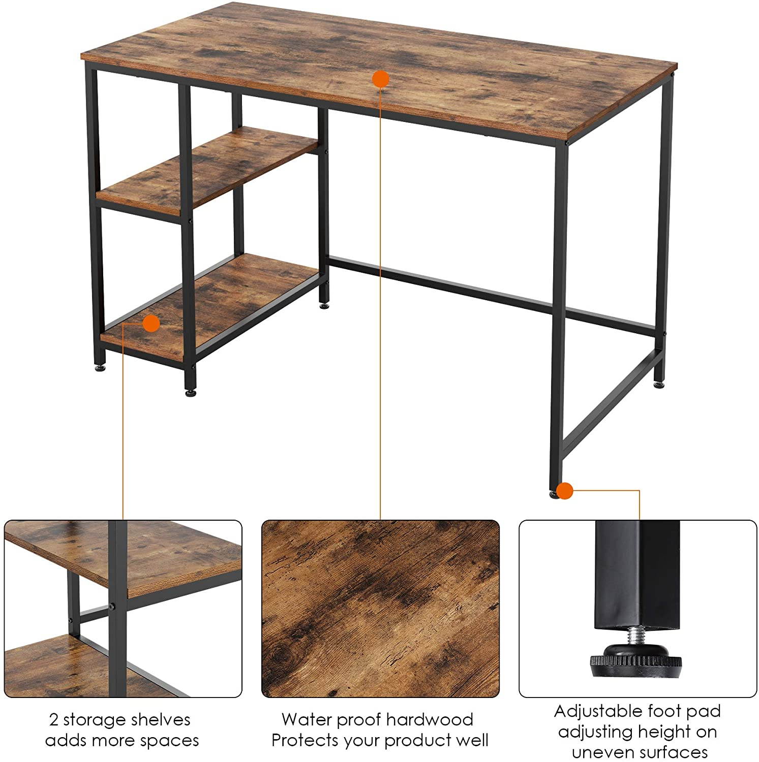 Computer Desk with 2 Shelves, 47 in Length Study Writing Table, 2-in-1 Large Office Desk with Metal Legs, Adjustable feet, Modern Furniture for Home Office, Study Room-Rustic Brown
