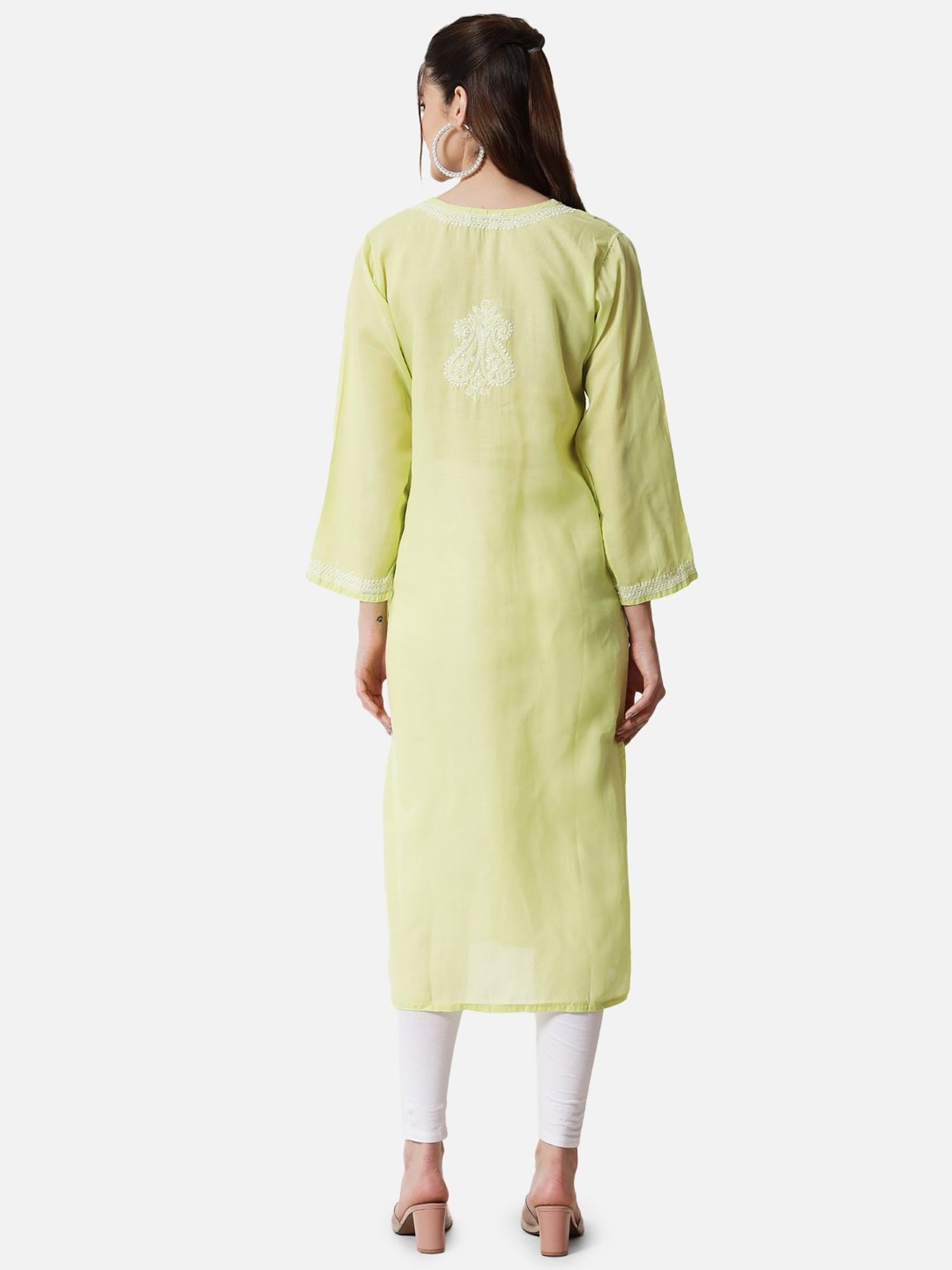 PARAMOUNT CHIKAN Lime Green Cotton Chikankari Straight Kurta