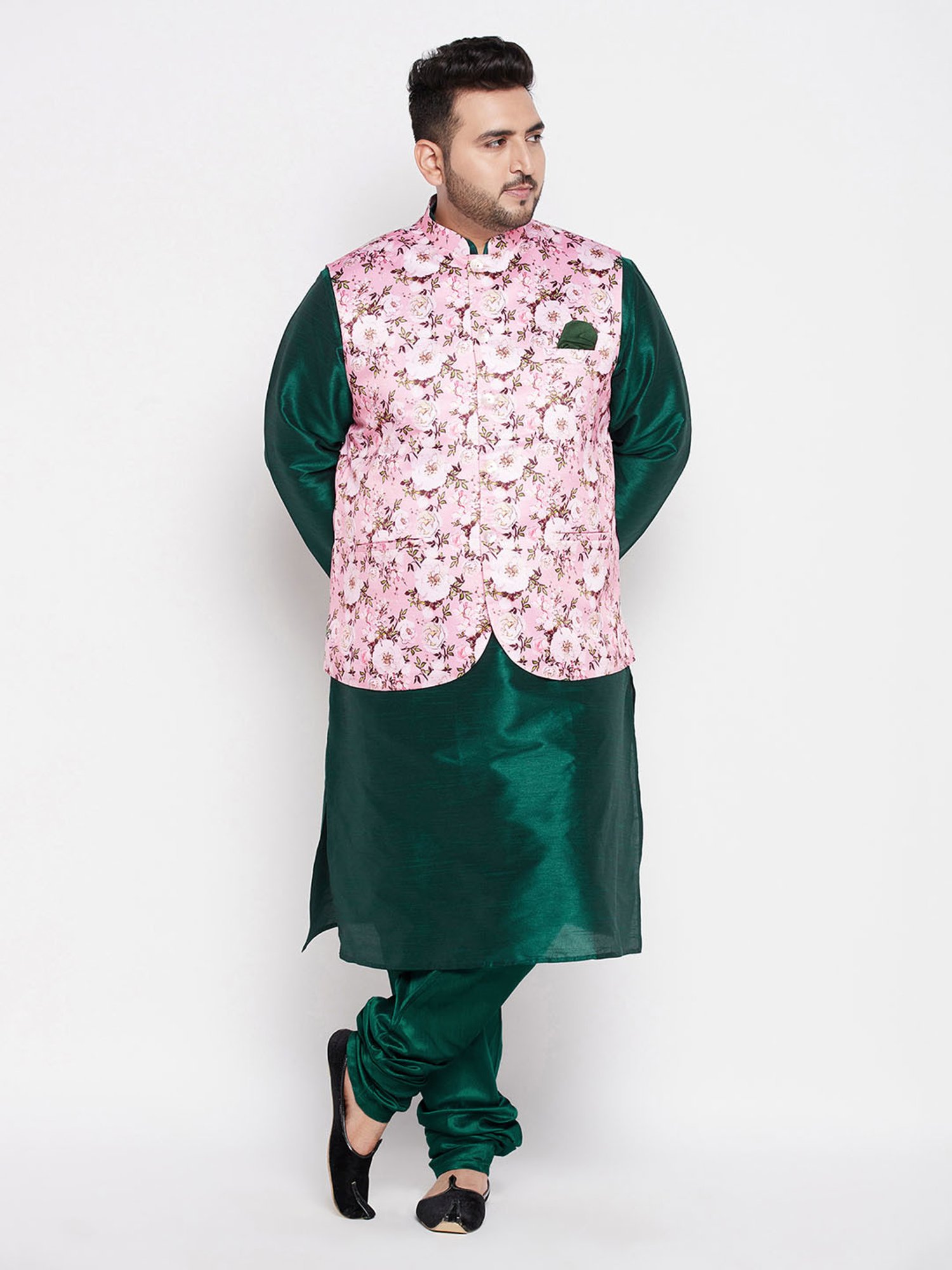 Vastramay Green And Pink Silk Blend Jacket Kurta Pyjama Set
