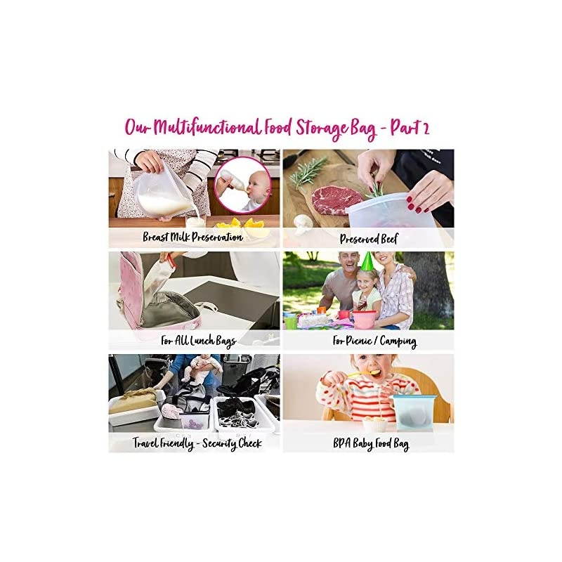 Silicone Food Ziplock Storage Bags, Silicone Sandwich Bag for Freezer, Sous Vide Bags Set of 4, Leak Proof Airtight Seal Keep Fresh for Hot Cooking, Liquids, Lunch, Snack, Baby Food (9.2&times;7in)