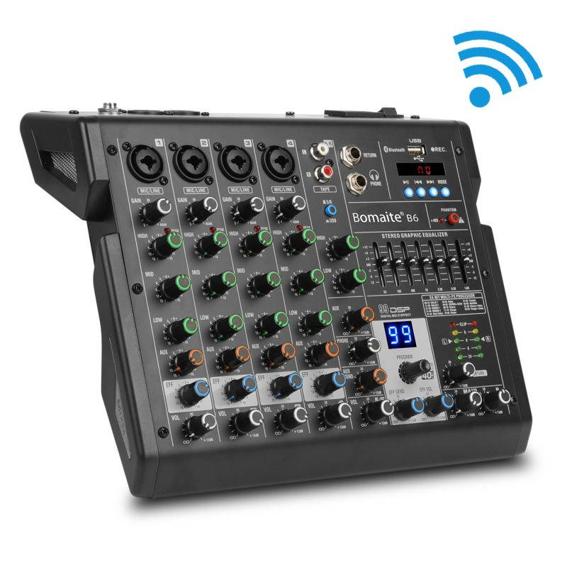 Bomaite B6 Portable 6-Channel Mixing Console Mixer 7-band EQ Built-in 48V Phantom Power Supports BT Connection USB MP3 Player for Computer Recording, Bands