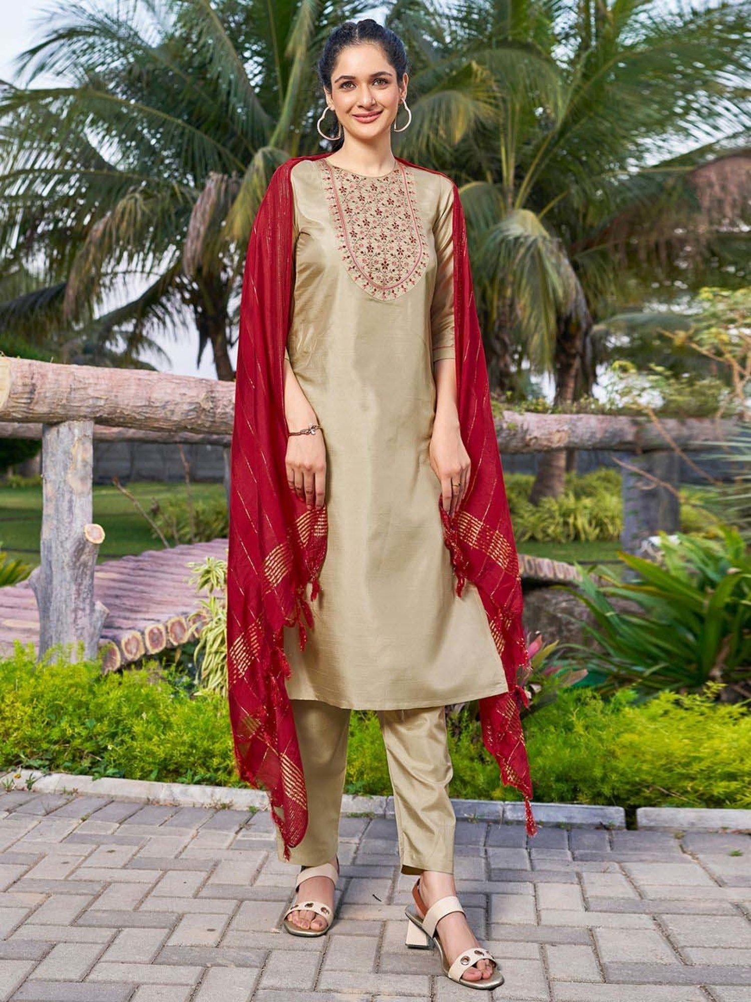 Skylee Beige Embroidered Kurta Pant Set With Dupatta