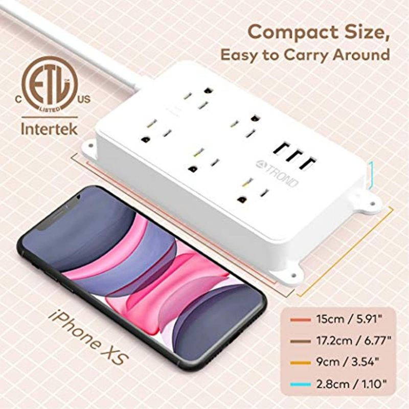 Power Strip Surge Protector, ETL Listed, TROND Flat Plug Outlet Extender with 5 Widely-Spaced Outlets and 3 USB Ports, 1300J, Wall Mountable 5ft Cord, for Computer Garage Kitchen Behind TV, White