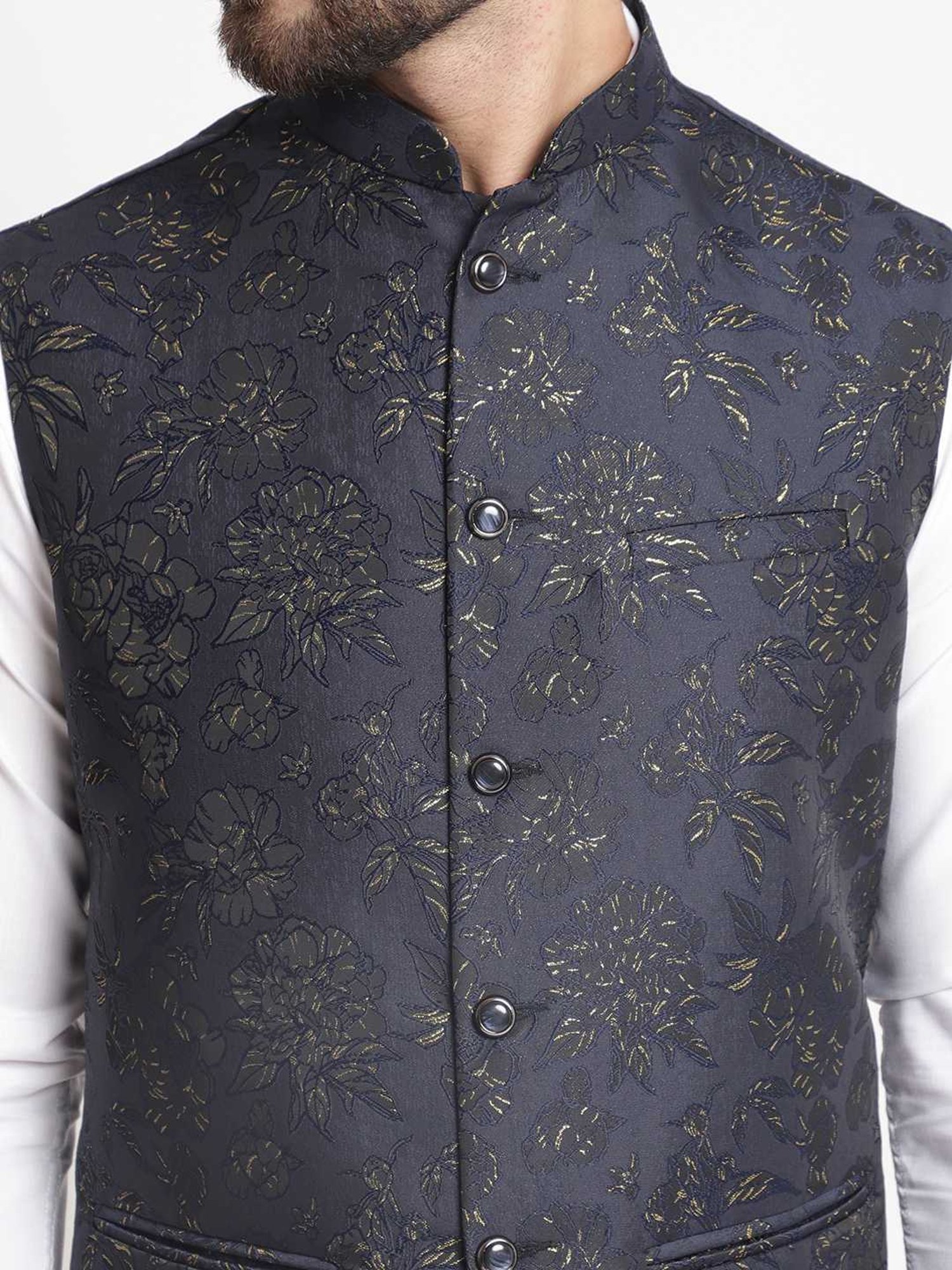 Treemoda Blue Regular Fit Embroidered Nehru Jacket