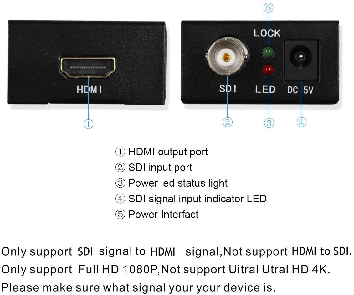 Wiistar 3G HD SDI to HDMI Converter Adapter Mini SDI to HDMI Audio Video Converter Support HD-SDI 3G-SDI Signals Showing on HDMI Display