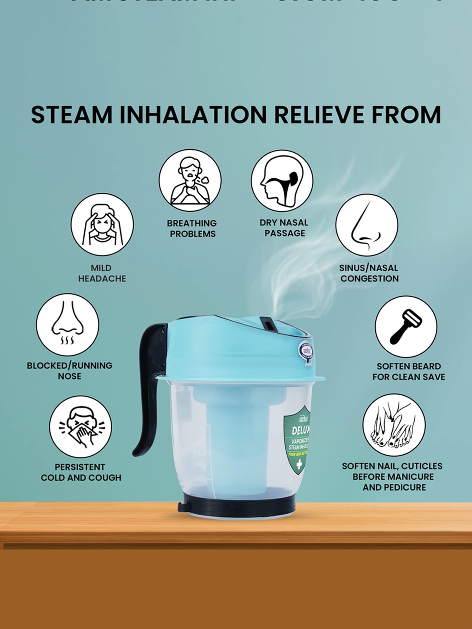 Crescent Delux Facial Steamer Vaporizer for Cold & Cough, Separate Water Container (Ice Blue)