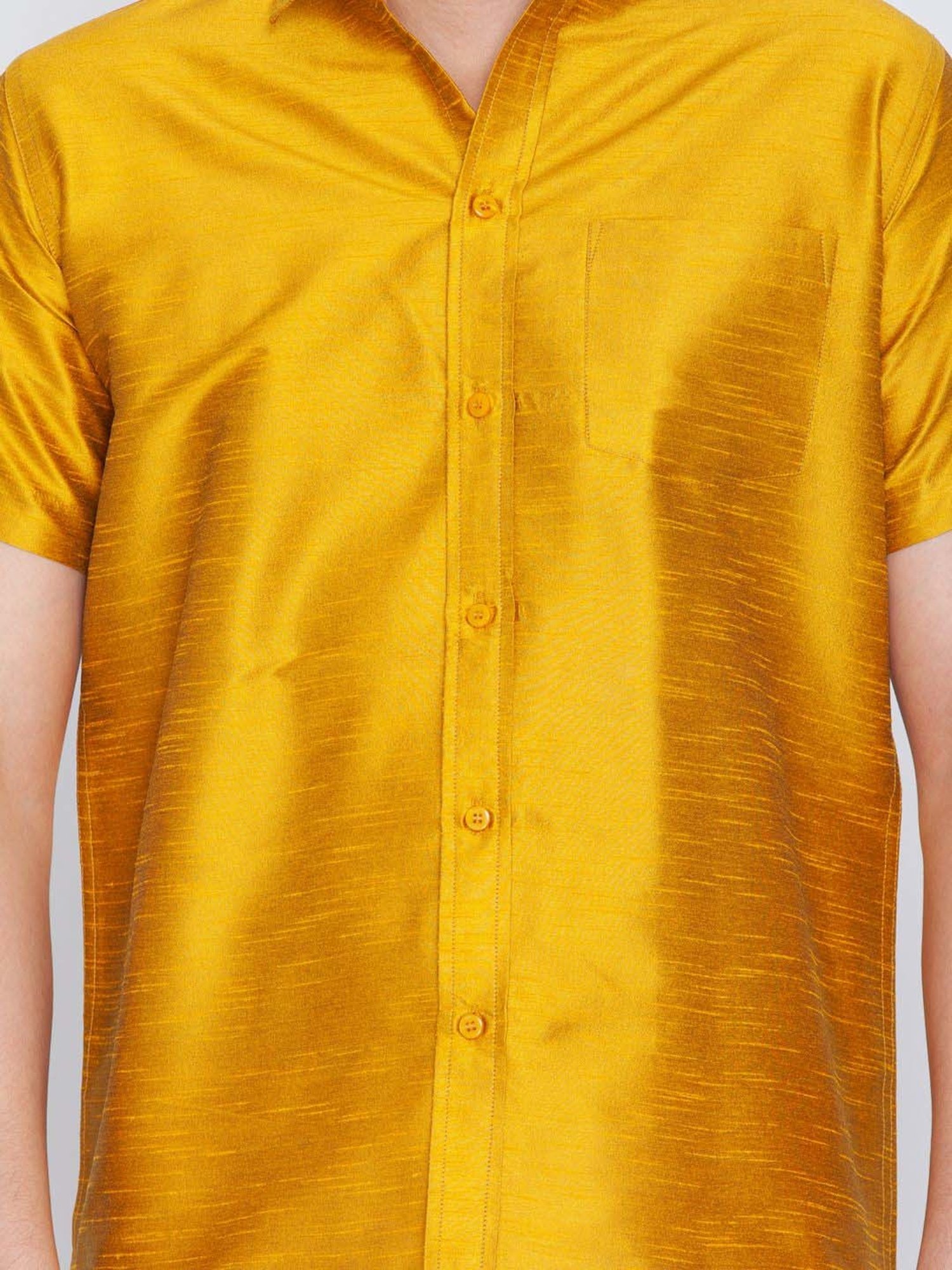 Vastramay Mustard & White Regular Fit Ethnic Shirt With Mundu