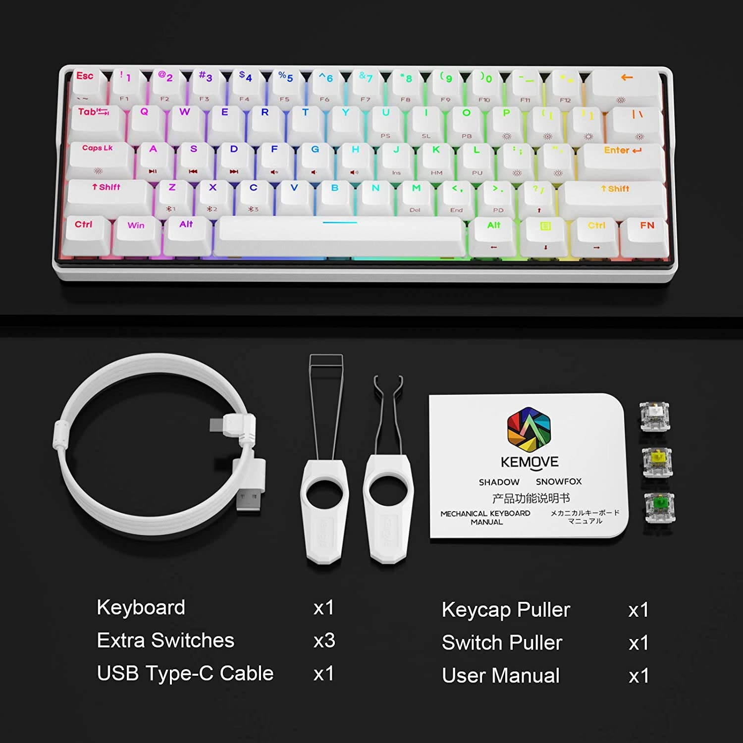 KEMOVE 61 Snowfox Bluetooth 5.1 Wireless/Wired 60% RGB Mechanical Gaming Keyboard - Hot Swappable with Mechanical Switches, PBT Keycap, Full Keys Programmable for Win/Mac -White (Gateron Brown Switch)
