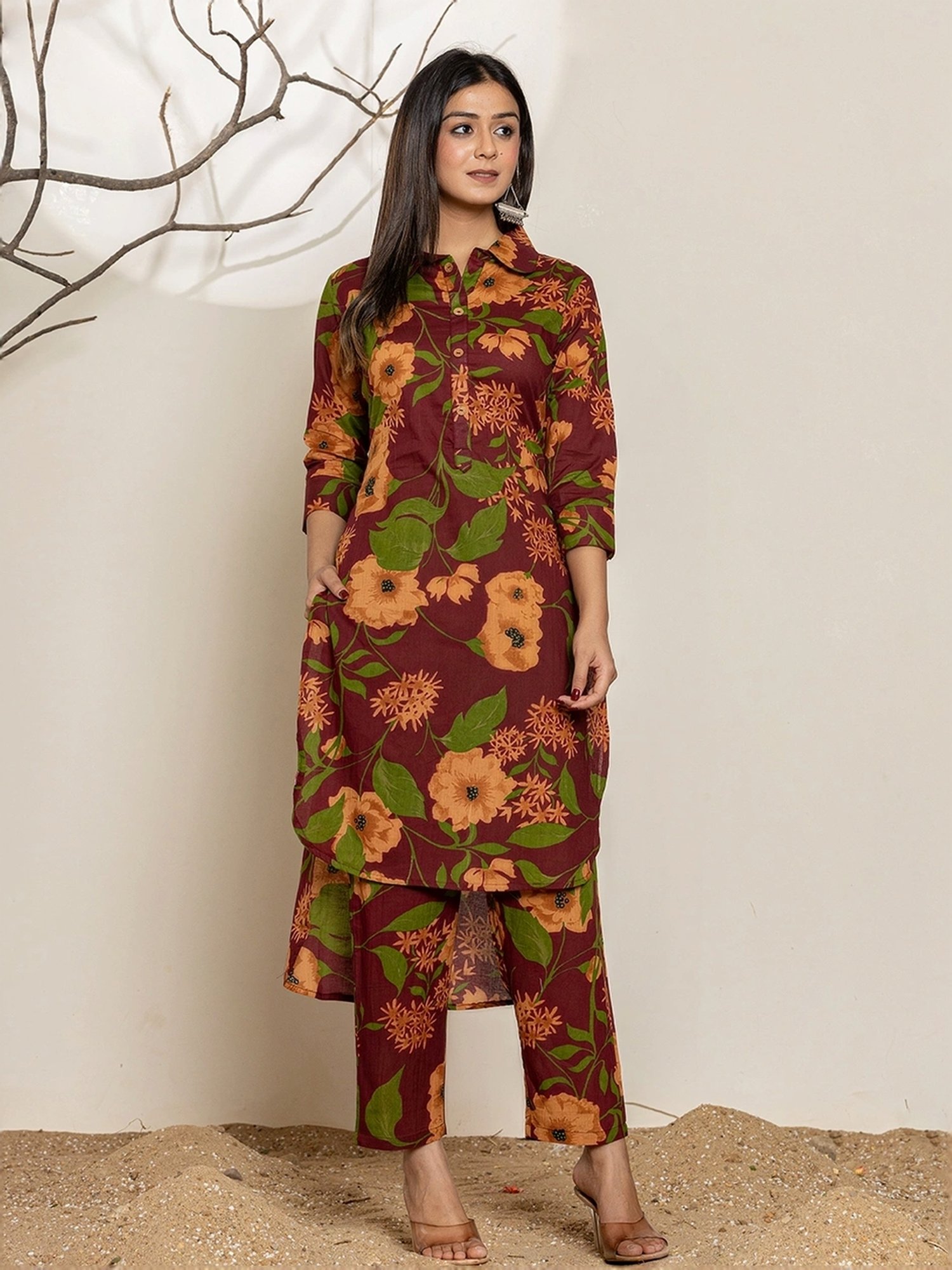 Yufta Maroon Cotton Printed Tunic Pants Sets