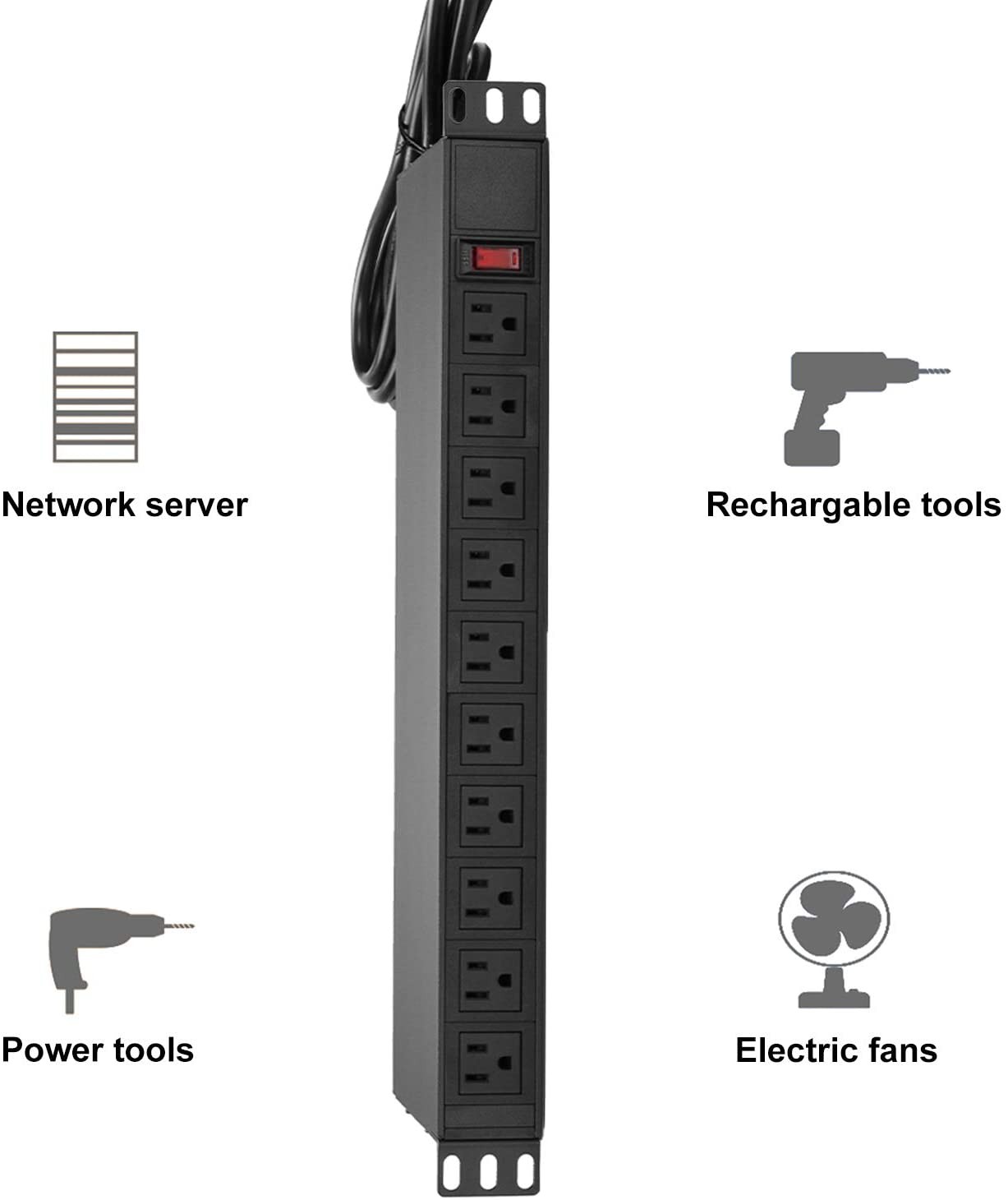 BESTTEN Commercial 1U PDU, 20-Outlet Metal Power Strip, 10ft Long Extension Cord, 19-inch Server Rack Mount Power Distribution Unit, UL Listed