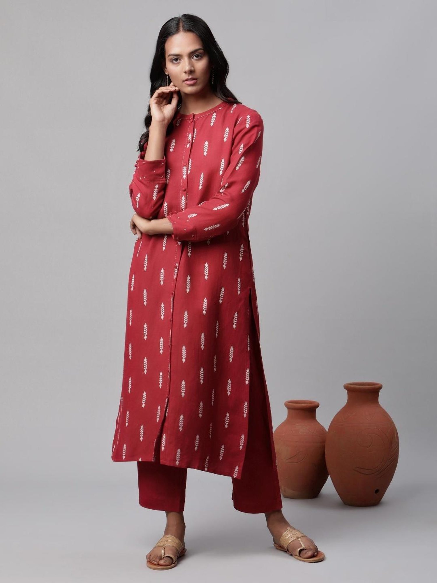 Linen Club Women Maroon Printed Kurta
